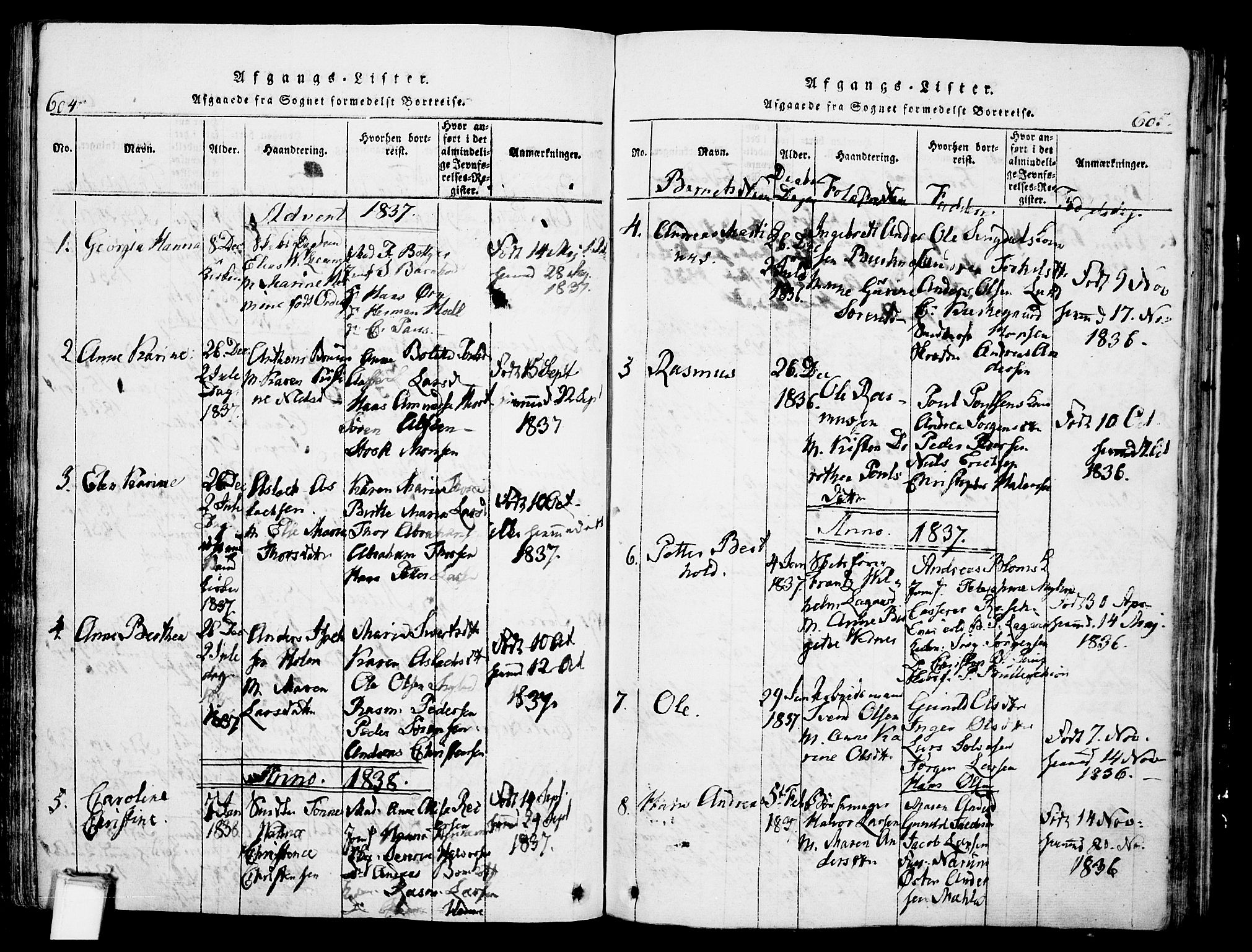 Skien kirkebøker, SAKO/A-302/G/Ga/L0002: Parish register (copy) no. 2, 1814-1842, p. 604-605