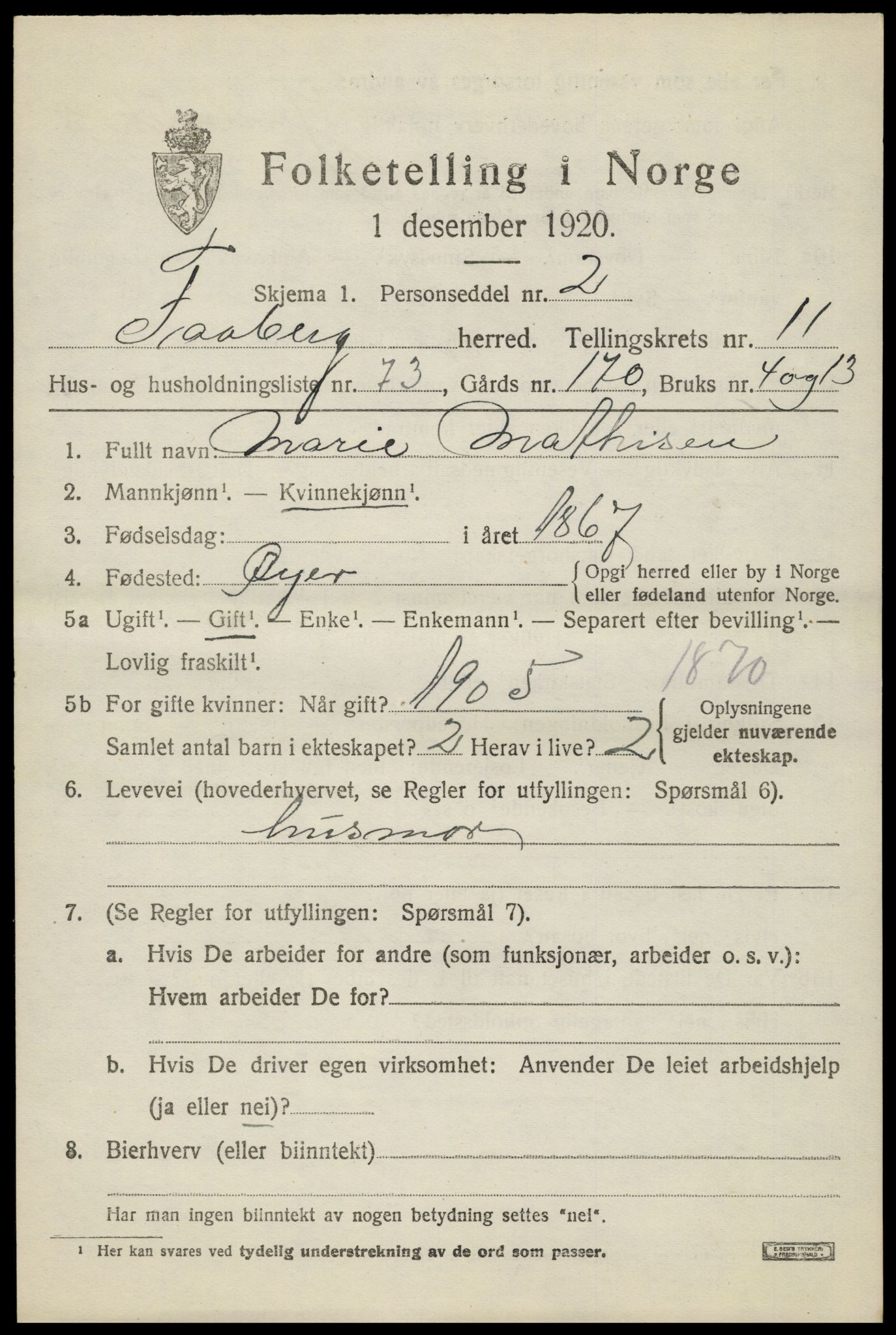 SAH, 1920 census for Fåberg, 1920, p. 12708