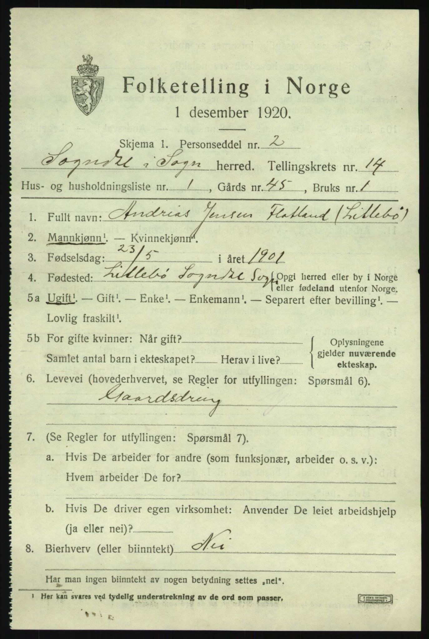 SAB, 1920 census for Sogndal, 1920, p. 5587