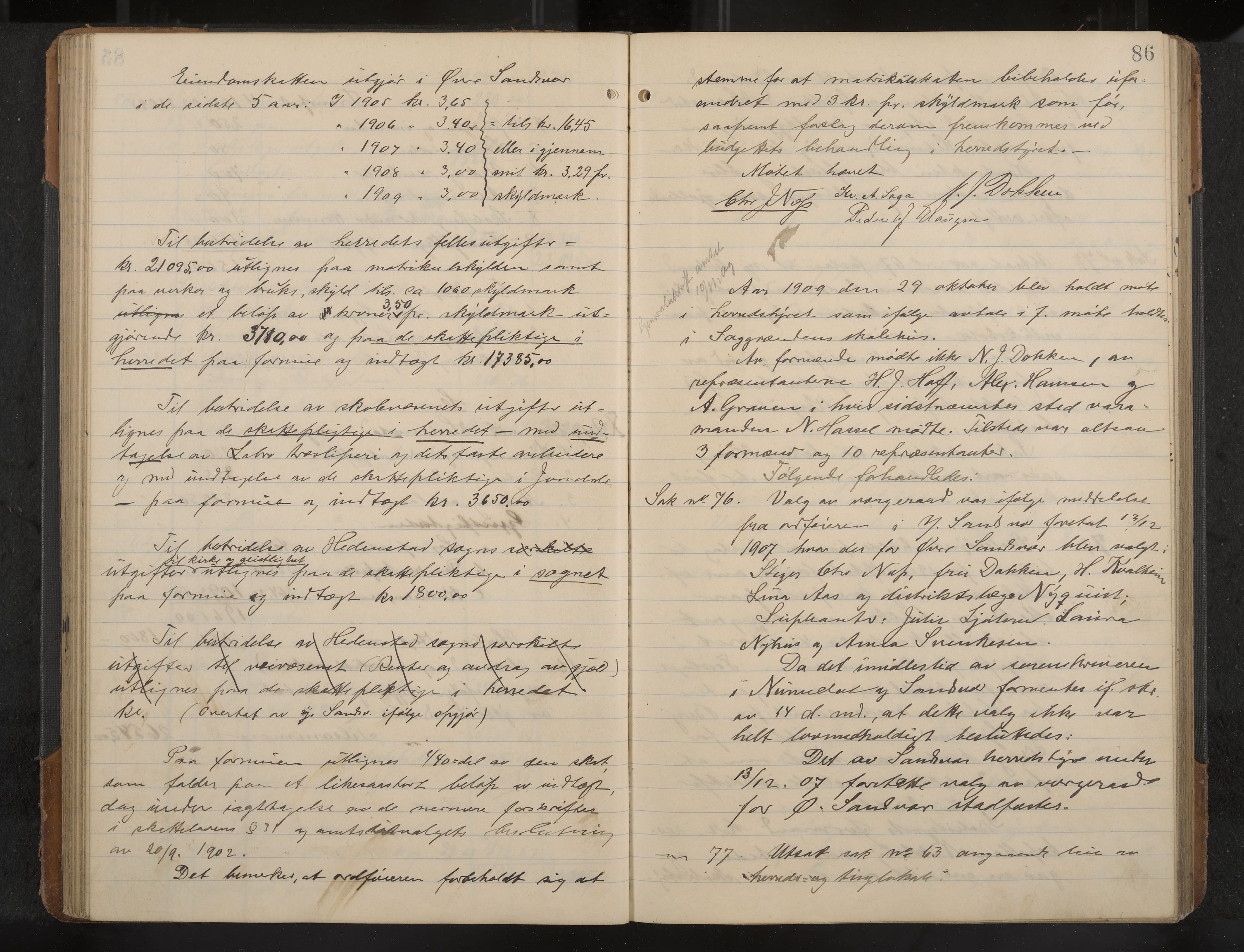 Øvre Sandsvær formannskap og sentraladministrasjon, IKAK/0630021/A/L0001: Møtebok med register, 1908-1913, p. 86