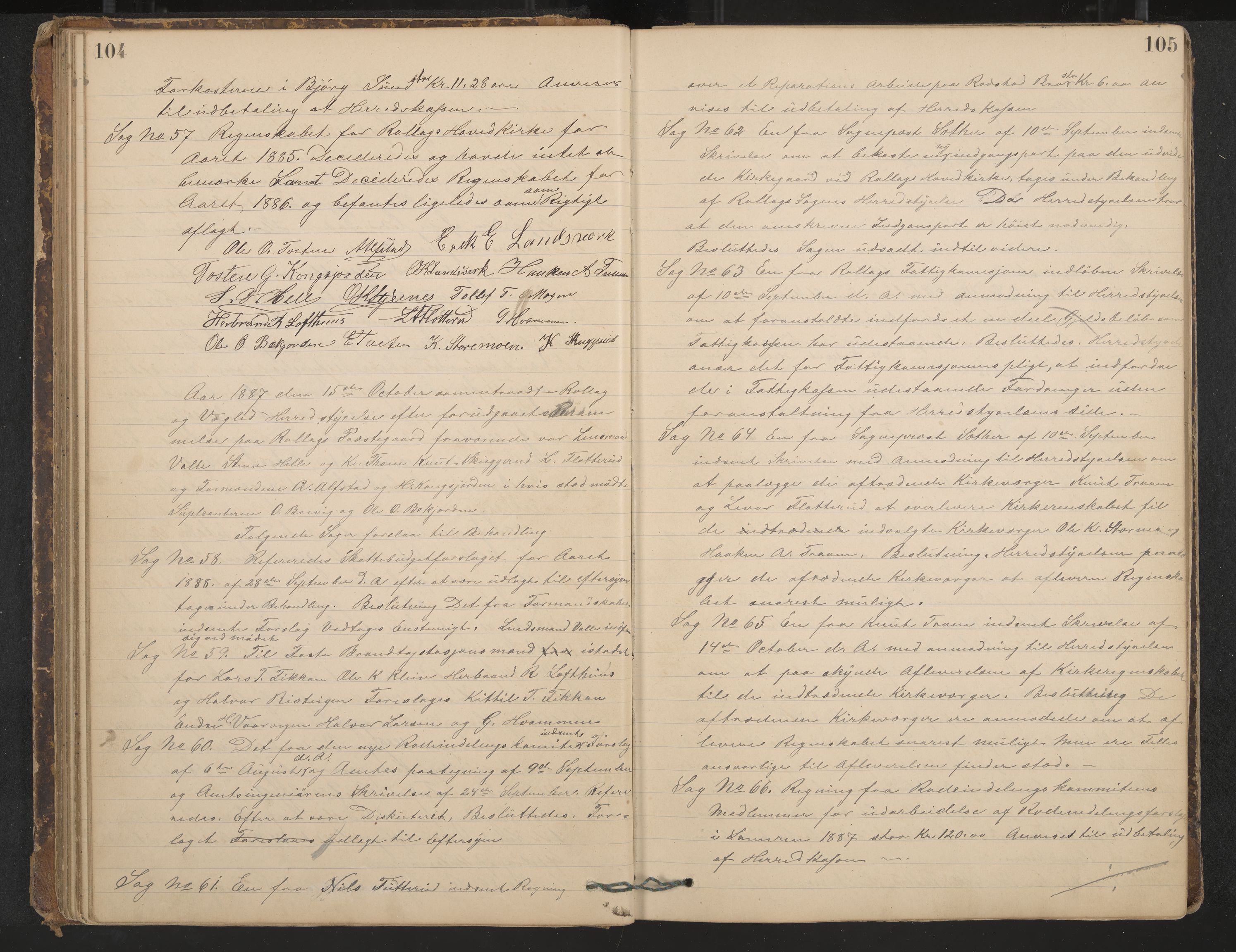 Rollag formannskap og sentraladministrasjon, IKAK/0632021-2/A/Aa/L0003: Møtebok, 1884-1897, p. 104-105