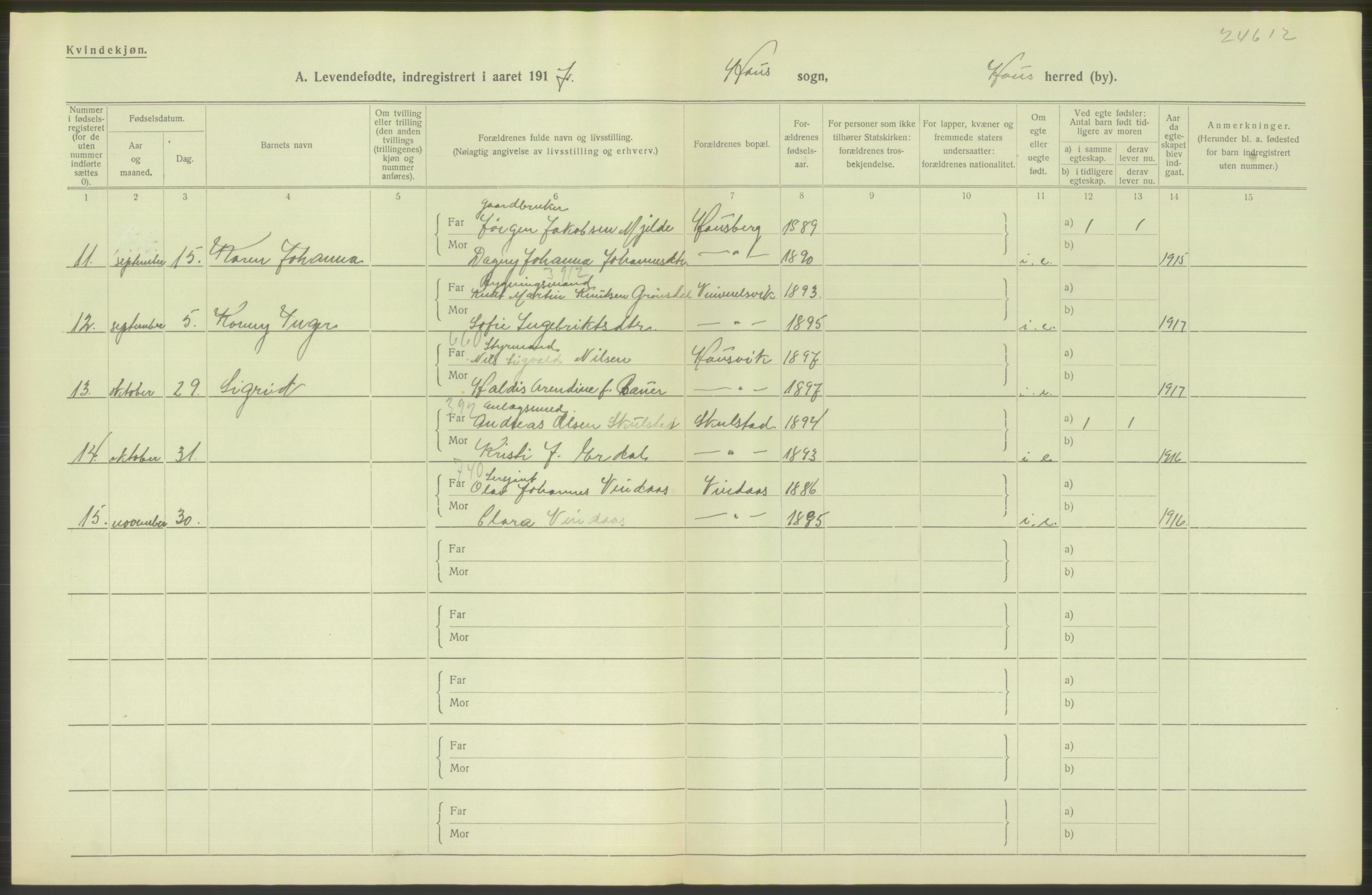 Statistisk sentralbyrå, Sosiodemografiske emner, Befolkning, RA/S-2228/D/Df/Dfb/Dfbg/L0034: S. Bergenhus amt: Levendefødte menn og kvinner. Bygder., 1917, p. 268