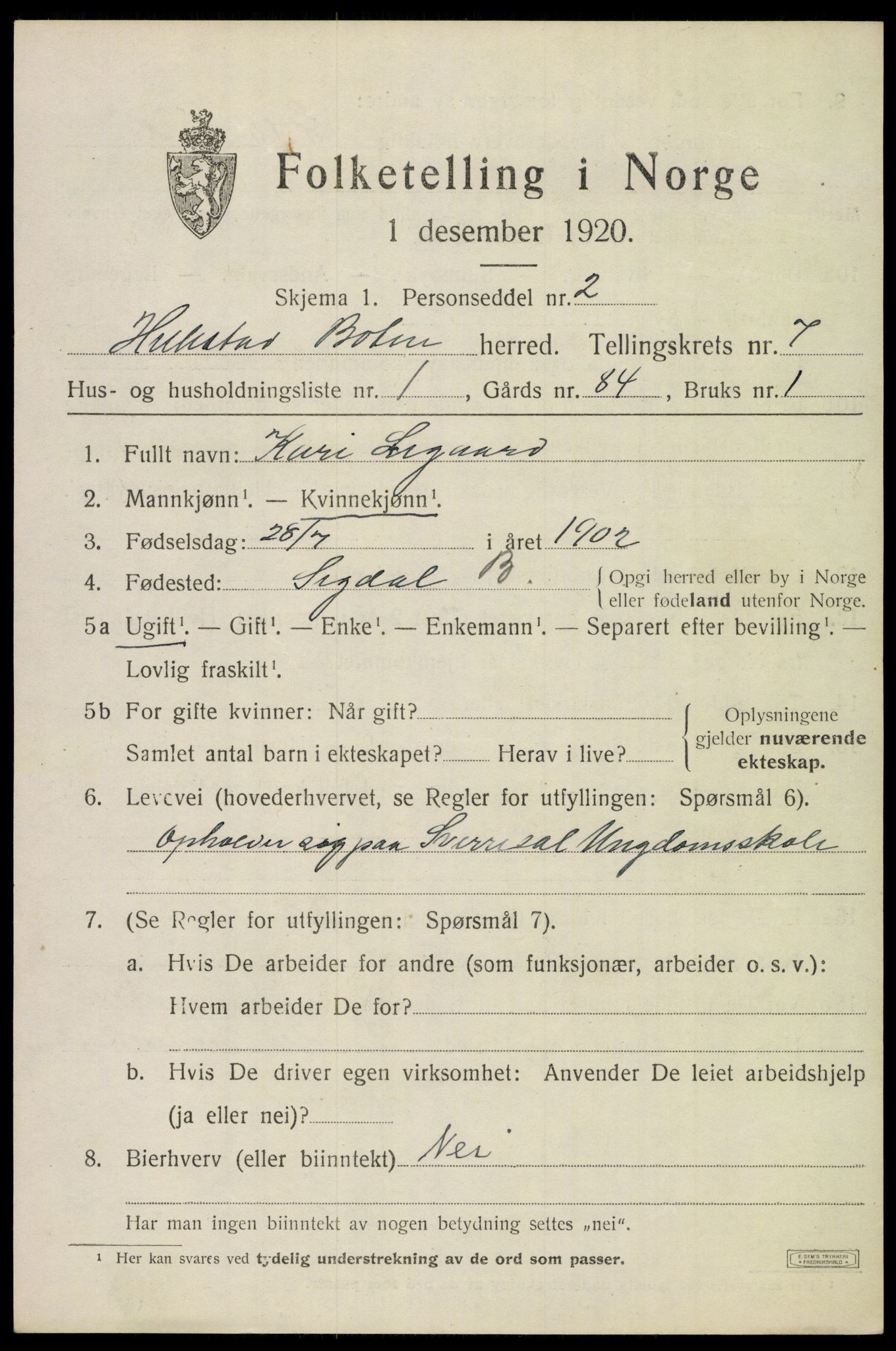 SAKO, 1920 census for Botne, 1920, p. 5719