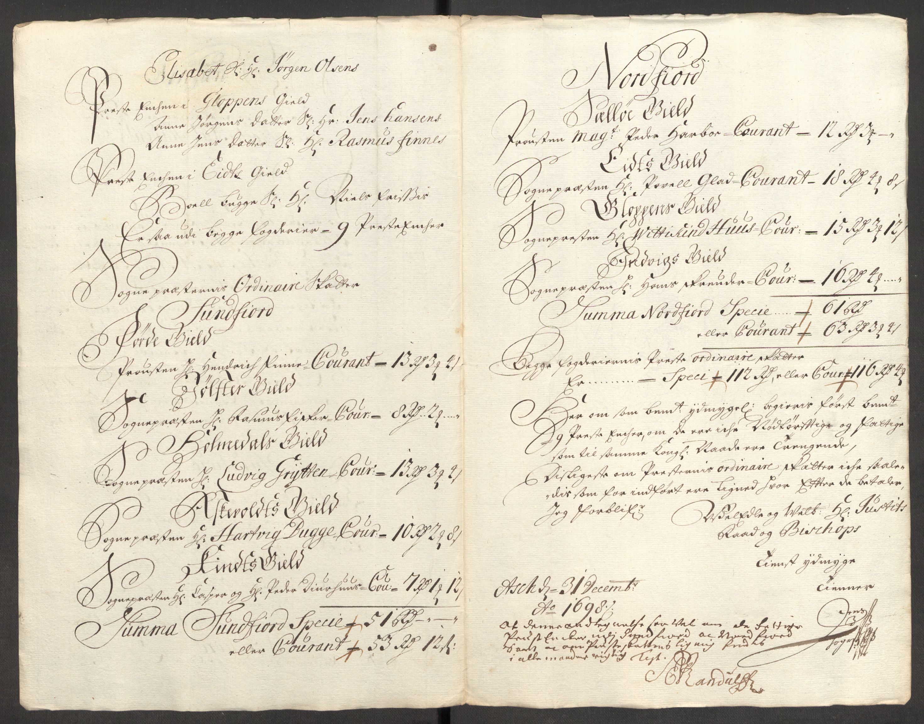 Rentekammeret inntil 1814, Reviderte regnskaper, Fogderegnskap, RA/EA-4092/R53/L3423: Fogderegnskap Sunn- og Nordfjord, 1697-1698, p. 274