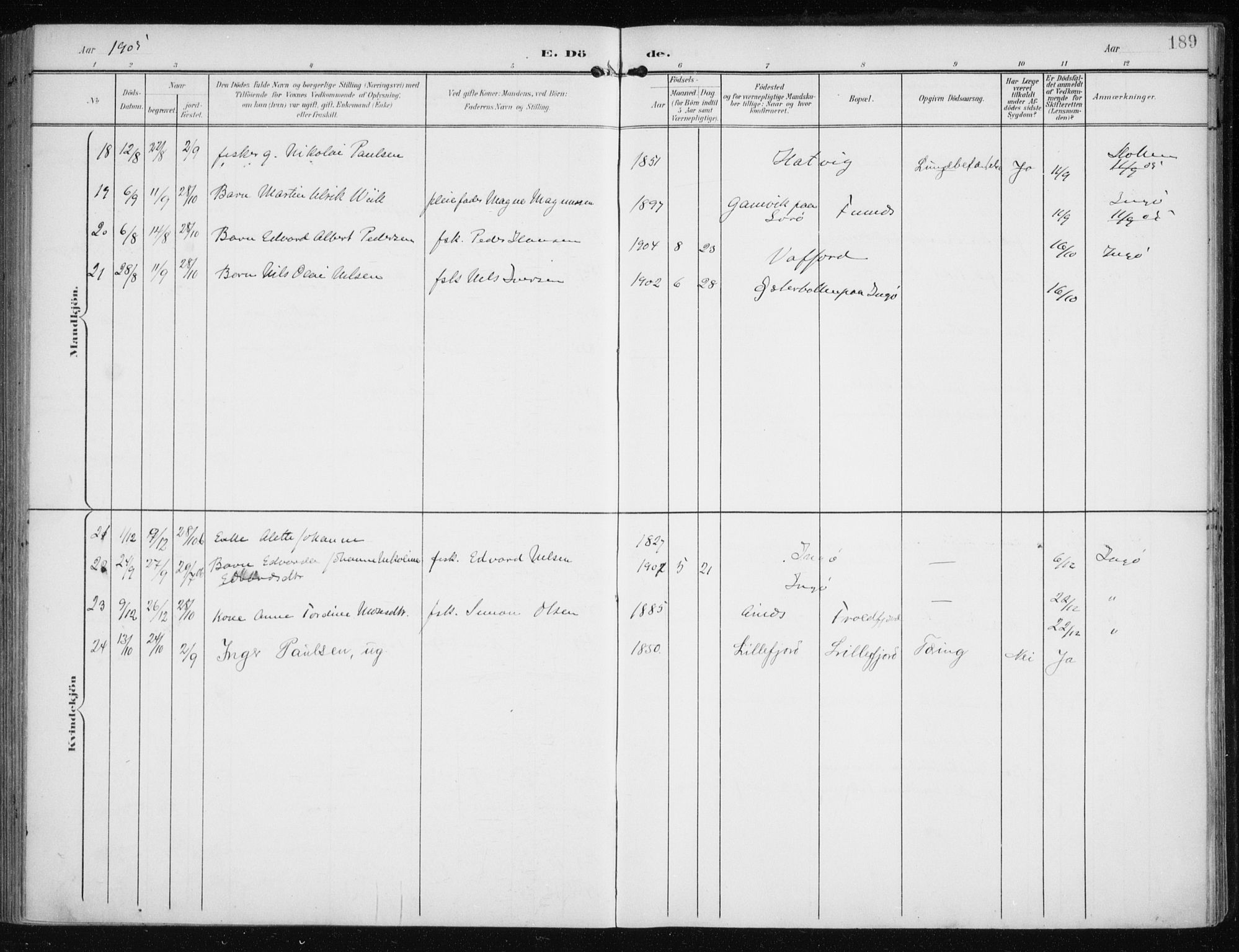 Måsøy sokneprestkontor, AV/SATØ-S-1348/H/Ha/L0009kirke: Parish register (official) no. 9, 1903-1914, p. 189