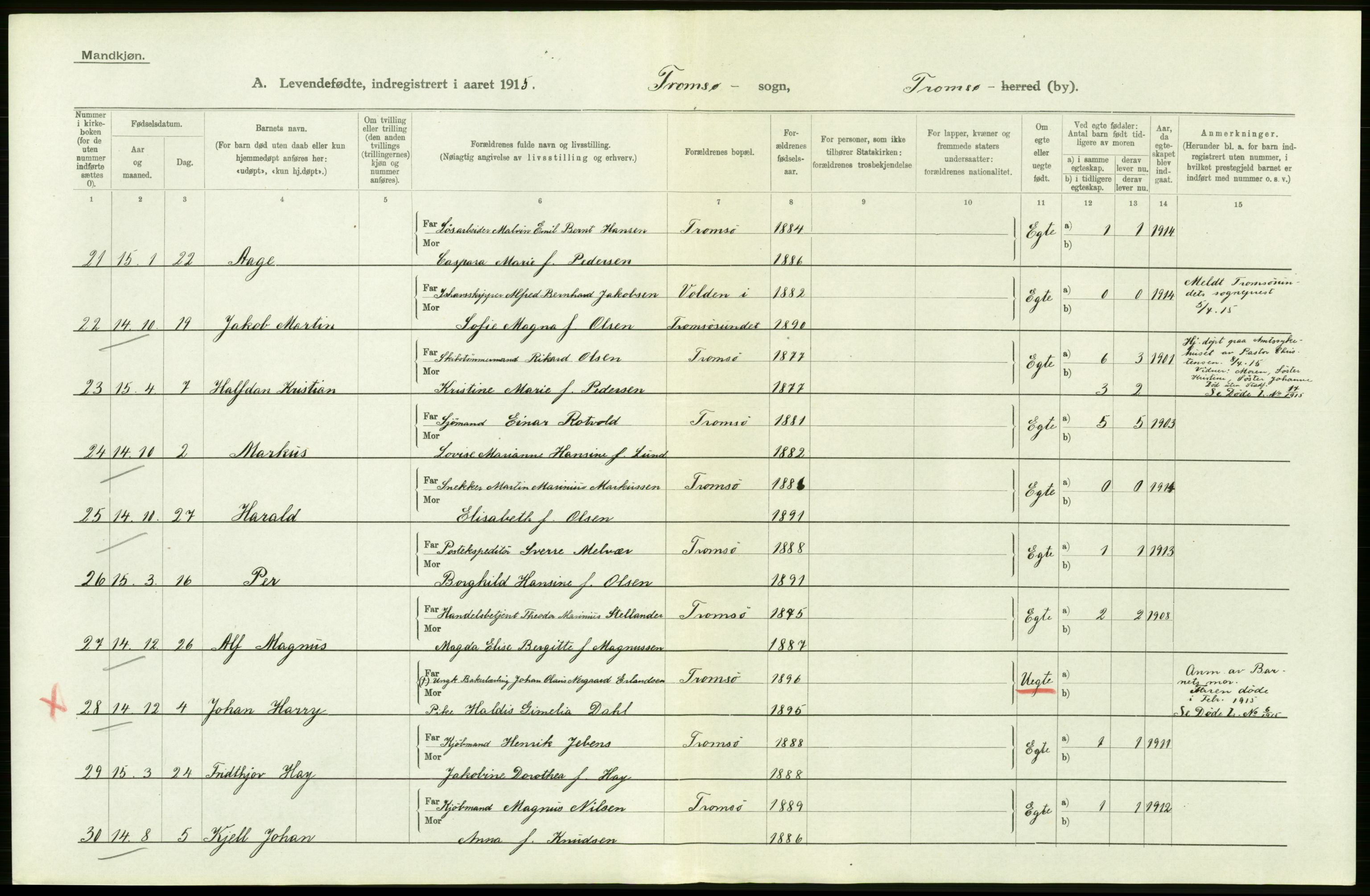 Statistisk sentralbyrå, Sosiodemografiske emner, Befolkning, AV/RA-S-2228/D/Df/Dfb/Dfbe/L0051: Tromsø amt: Levendefødte menn og kvinner. Bygder og byer., 1915, p. 36