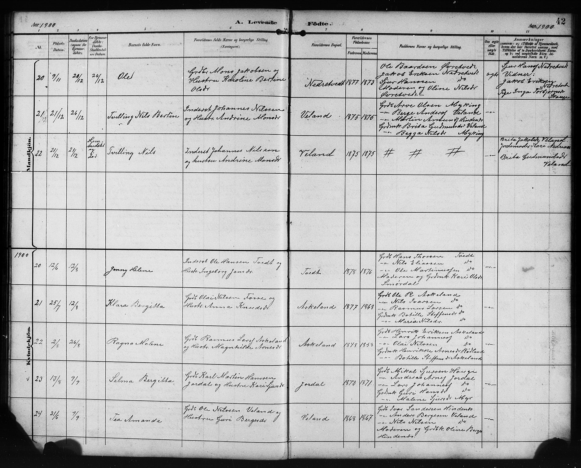 Lindås Sokneprestembete, SAB/A-76701/H/Hab: Parish register (copy) no. E 3, 1892-1905, p. 42