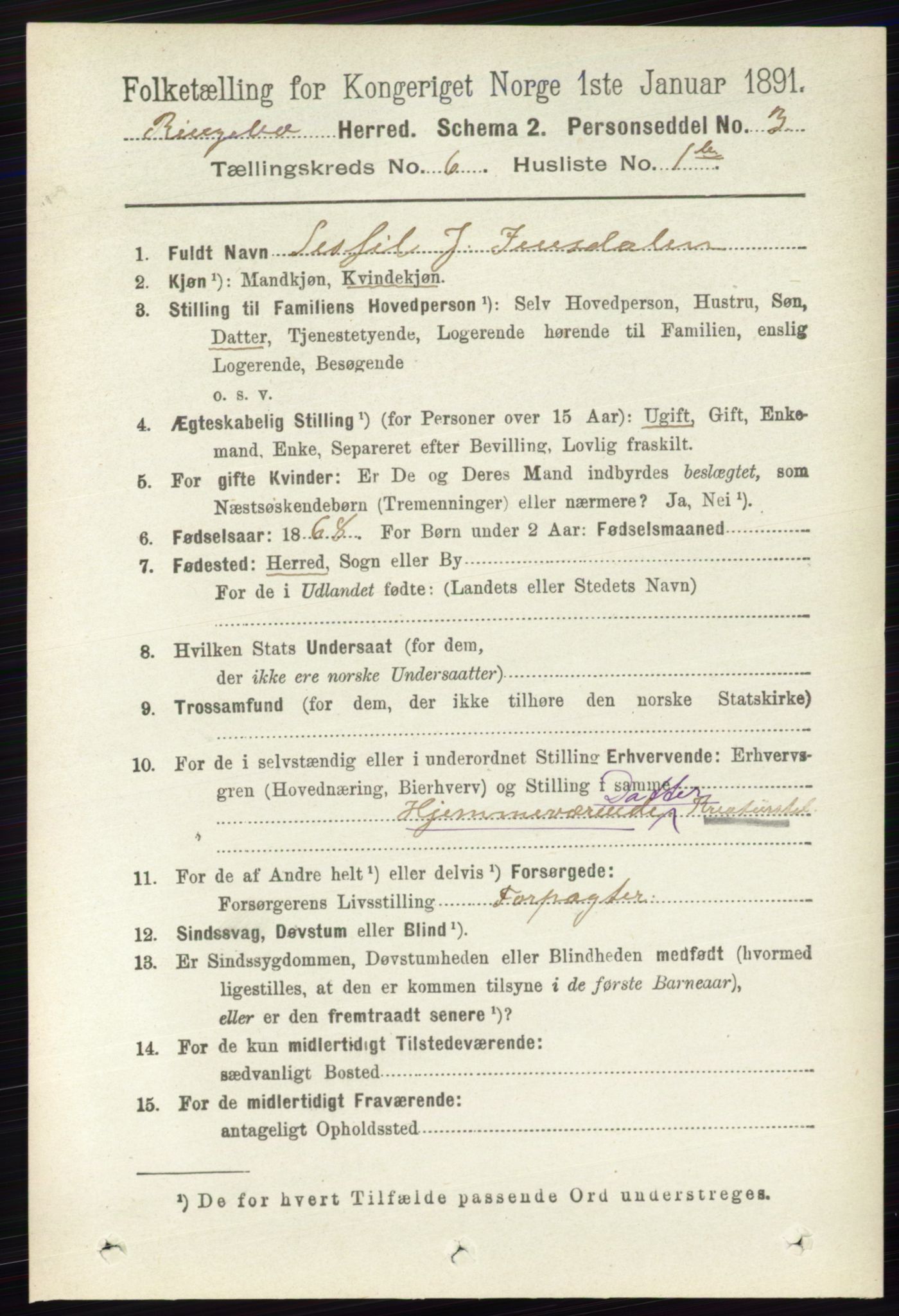 RA, 1891 census for 0520 Ringebu, 1891, p. 2450