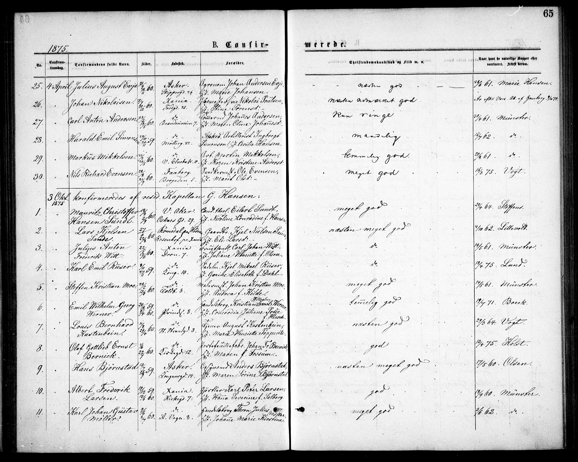 Oslo domkirke Kirkebøker, SAO/A-10752/F/Fa/L0018: Parish register (official) no. 18, 1872-1886, p. 65