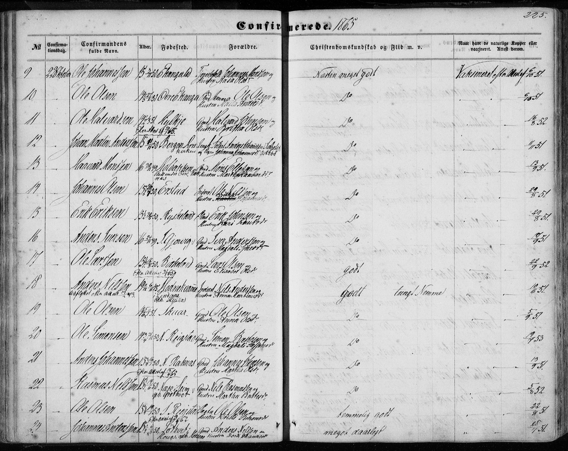 Hamre sokneprestembete, AV/SAB-A-75501/H/Ha/Haa/Haaa/L0014: Parish register (official) no. A 14, 1858-1872, p. 225