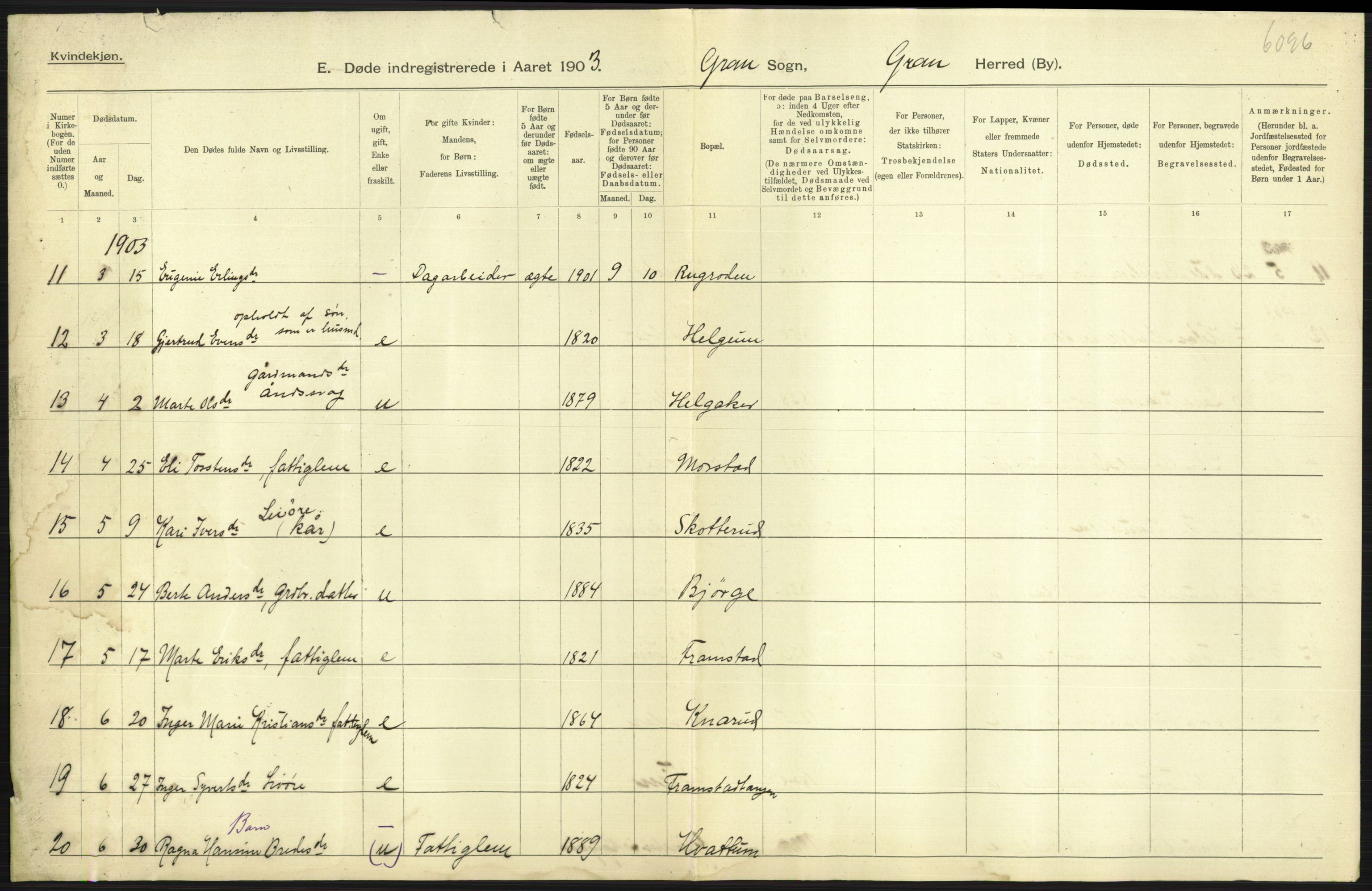 Statistisk sentralbyrå, Sosiodemografiske emner, Befolkning, AV/RA-S-2228/D/Df/Dfa/Dfaa/L0006: Kristians amt: Fødte, gifte, døde, 1903, p. 587