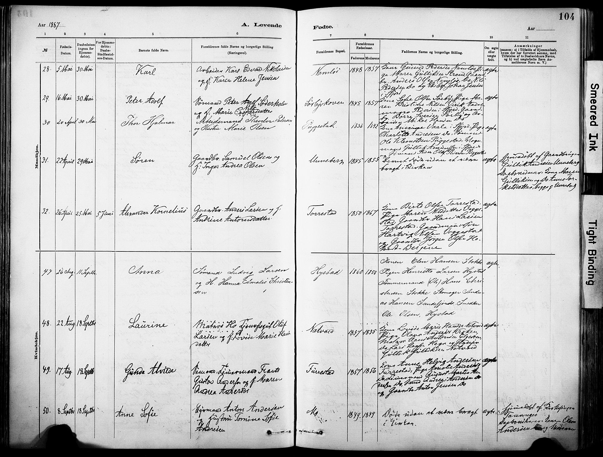 Sandar kirkebøker, SAKO/A-243/F/Fa/L0012: Parish register (official) no. 12, 1883-1895, p. 104