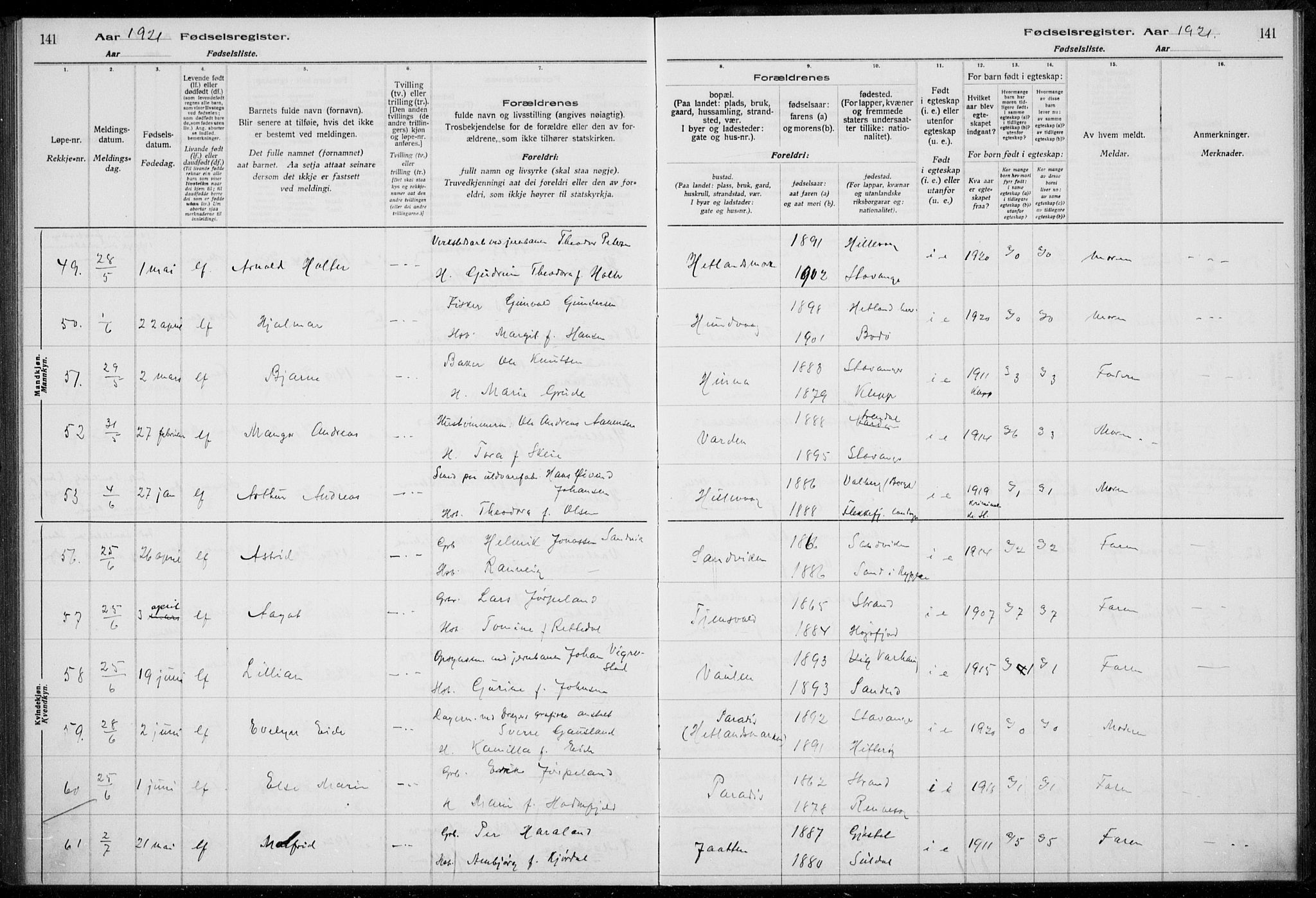 Hetland sokneprestkontor, AV/SAST-A-101826/70/704BA/L0003: Birth register no. 1, 1916-1923, p. 141