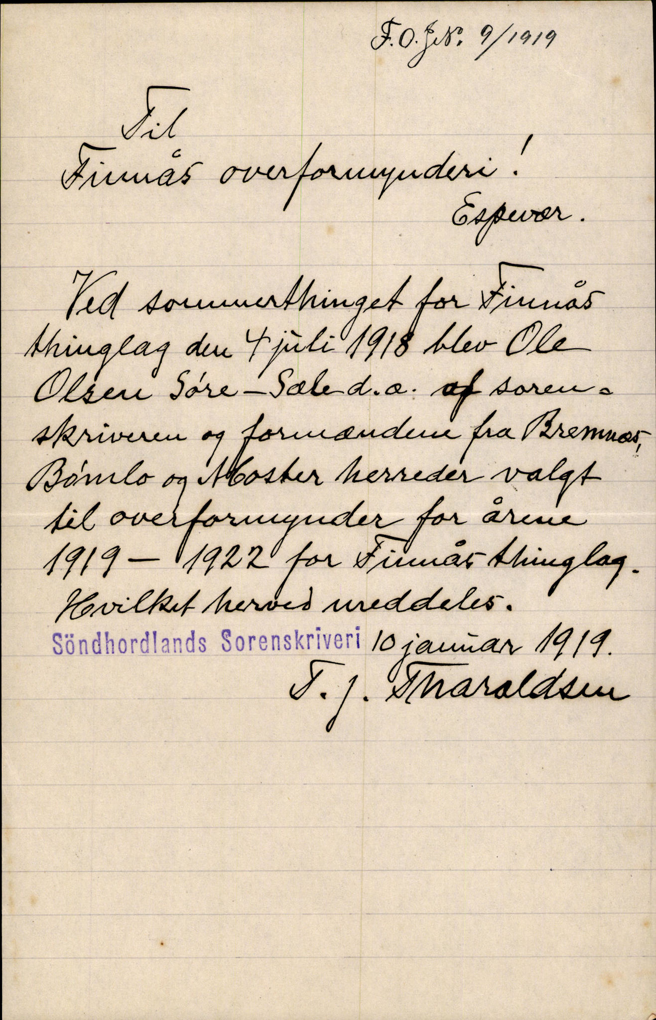 Finnaas kommune. Overformynderiet, IKAH/1218a-812/D/Da/Daa/L0003/0002: Kronologisk ordna korrespondanse / Kronologisk ordna korrespondanse, 1917-1919, p. 108