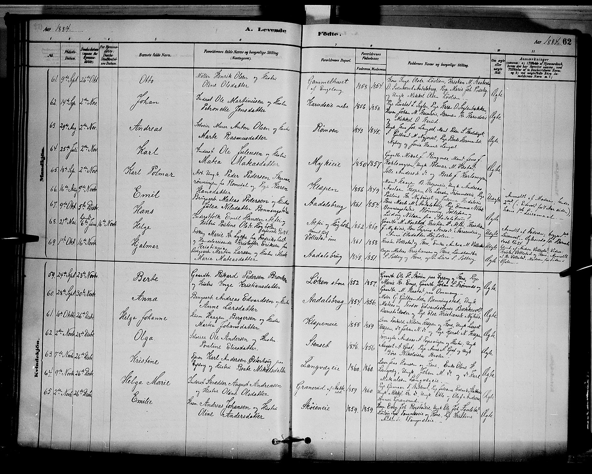 Løten prestekontor, SAH/PREST-022/L/La/L0005: Parish register (copy) no. 5, 1878-1891, p. 62