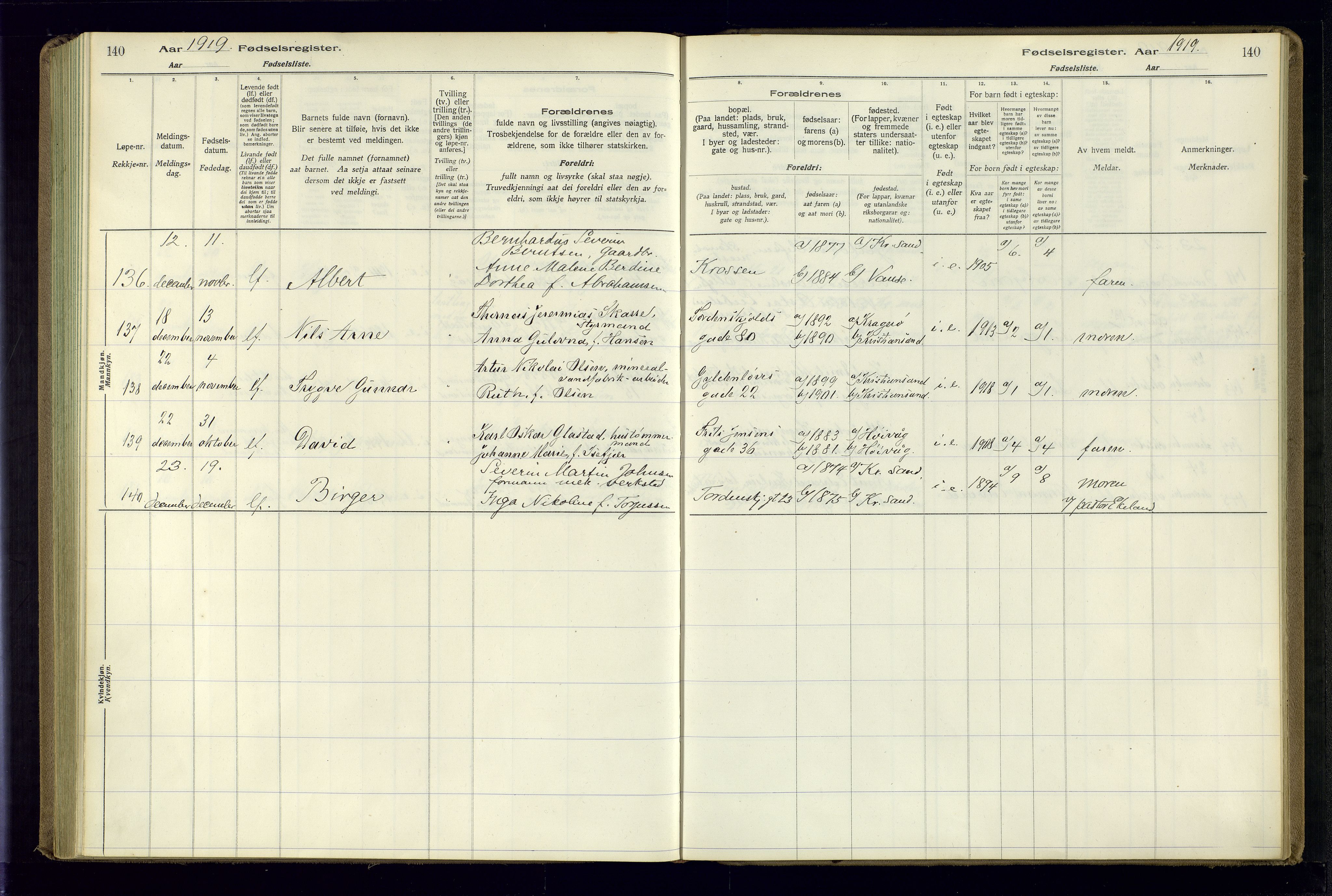 Kristiansand domprosti, AV/SAK-1112-0006/J/Jc/L0001: Birth register no. A-VI-45, 1916-1921, p. 140