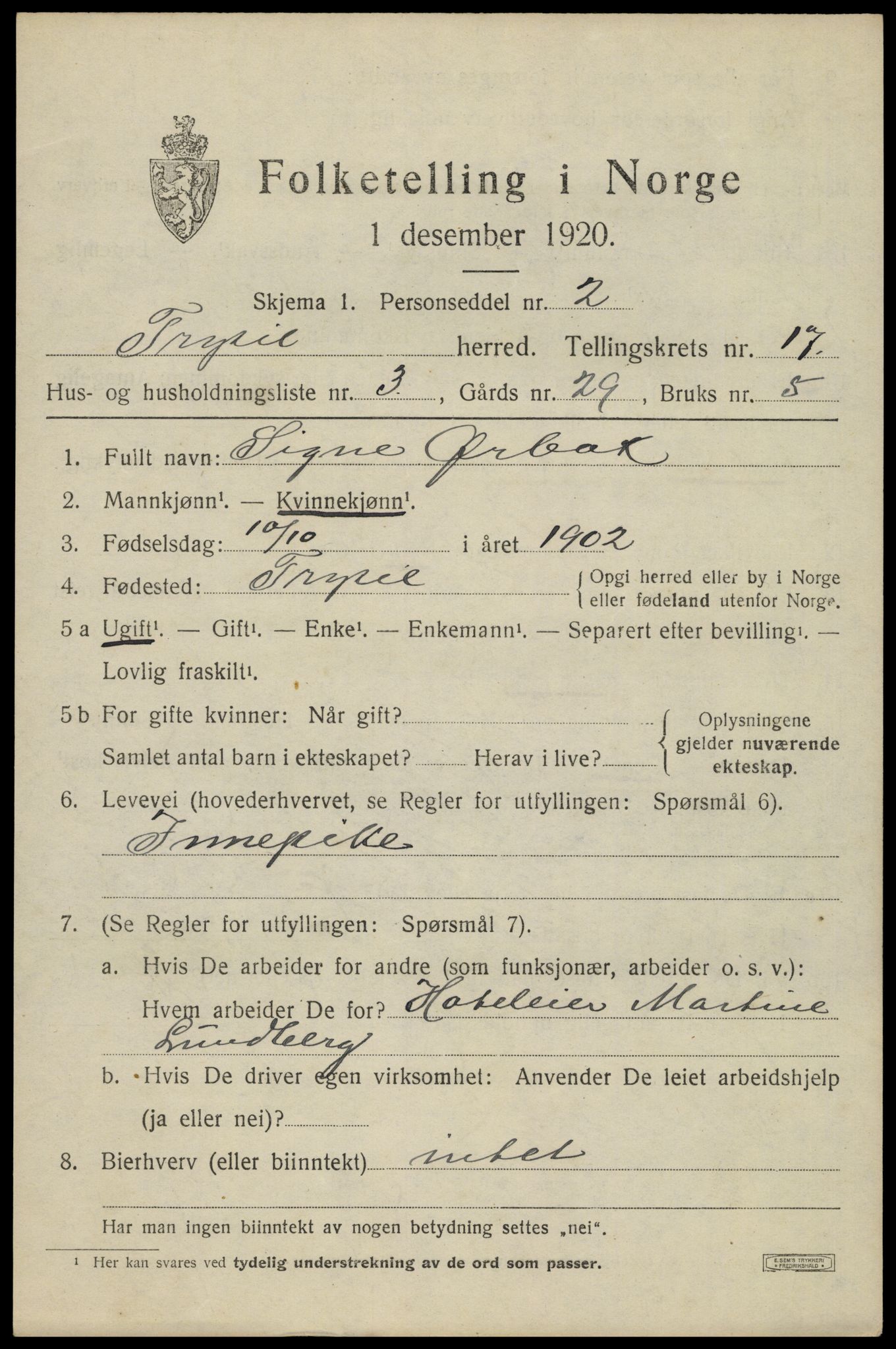 SAH, 1920 census for Trysil, 1920, p. 10203