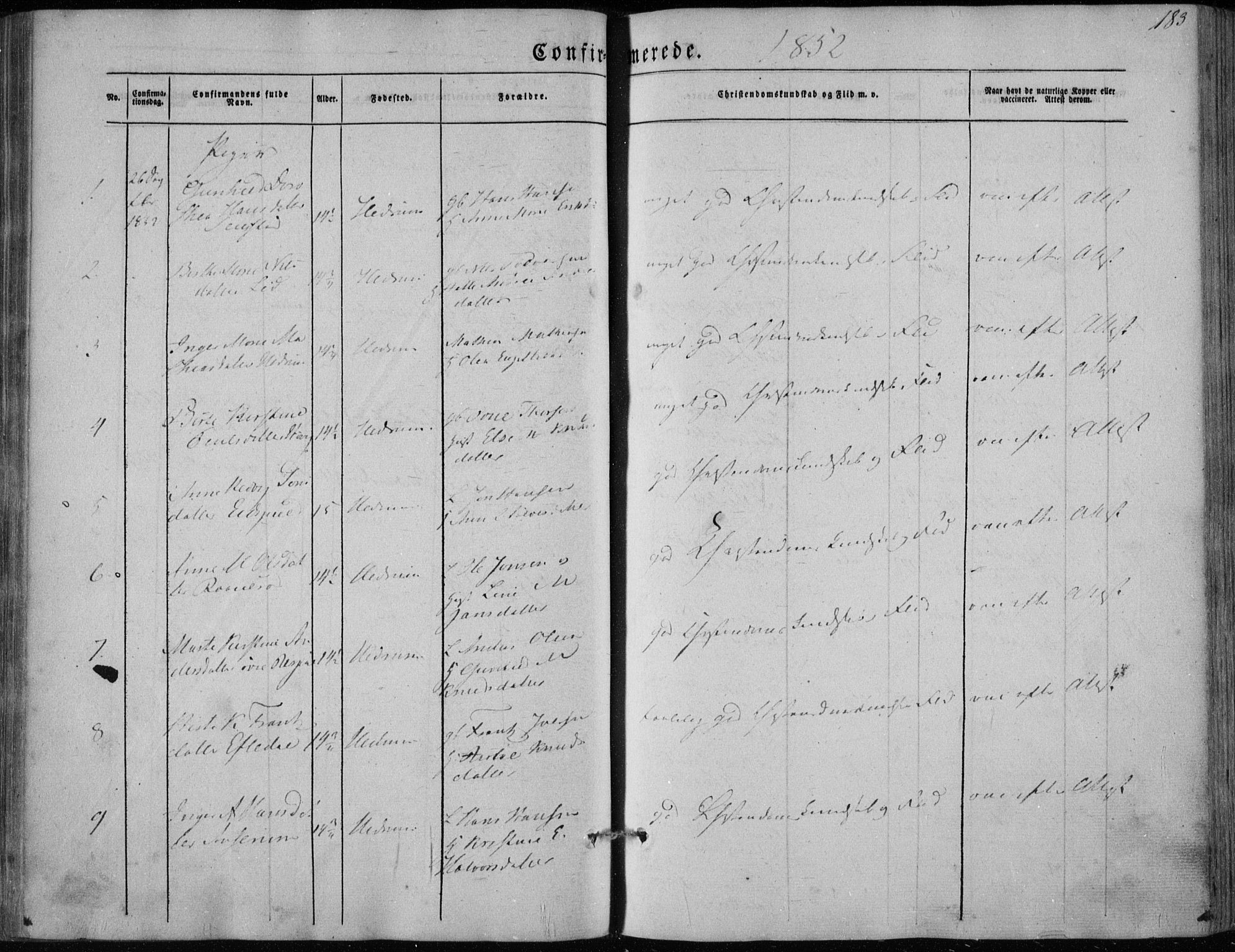 Hedrum kirkebøker, AV/SAKO-A-344/F/Fa/L0006: Parish register (official) no. I 6, 1849-1857, p. 183