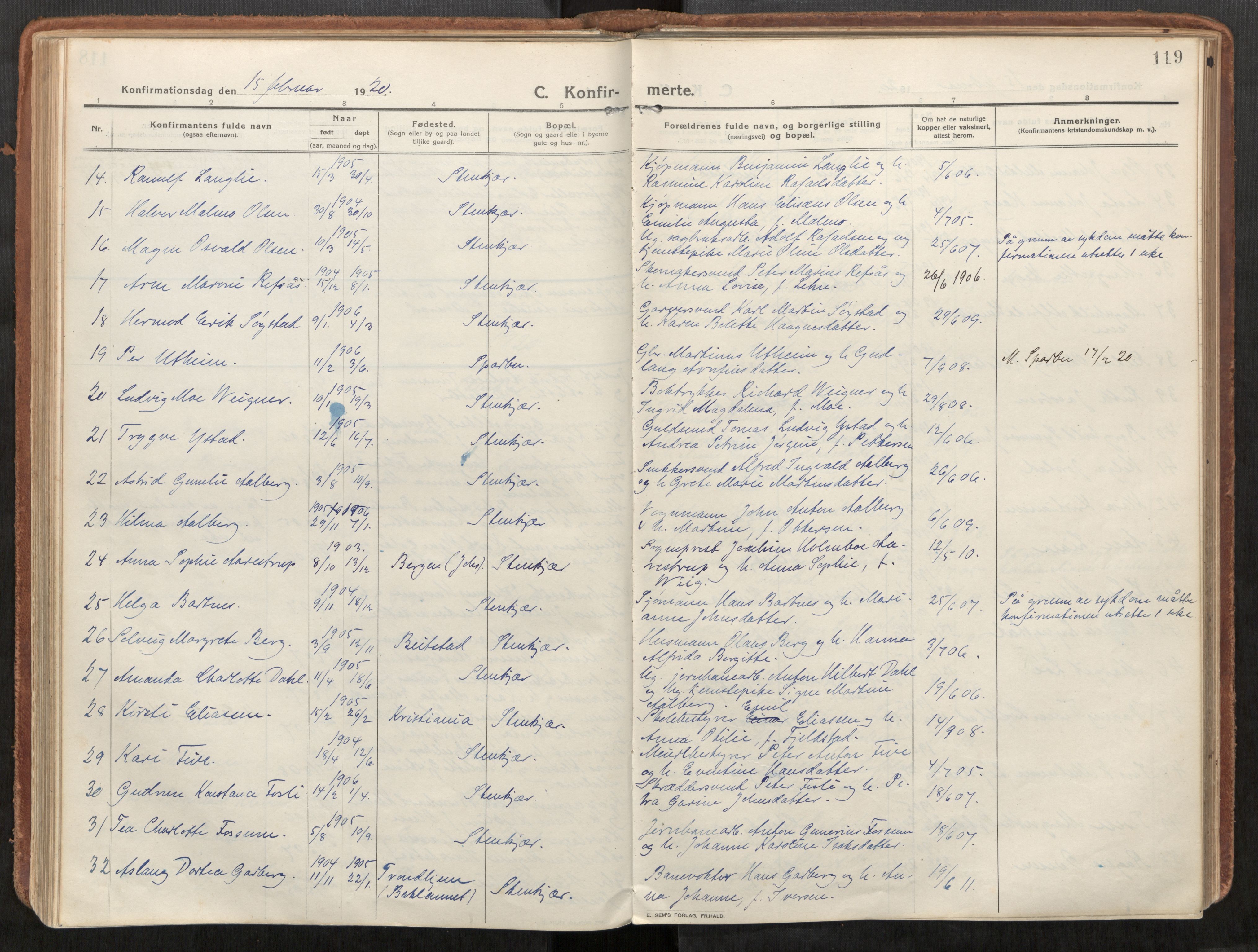 Steinkjer sokneprestkontor, SAT/A-1541/01/H/Ha/Haa/L0003: Parish register (official) no. 3, 1913-1922, p. 119