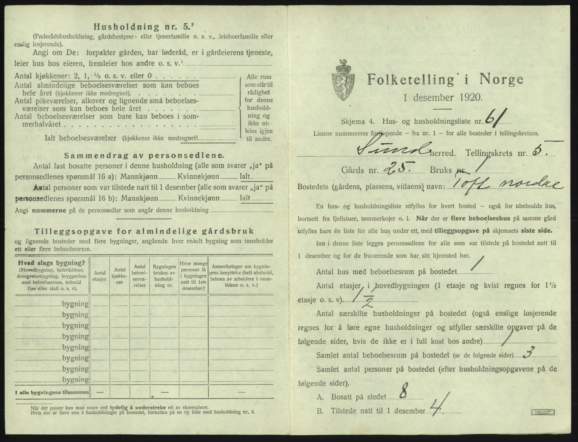 SAB, 1920 census for Sund, 1920, p. 490