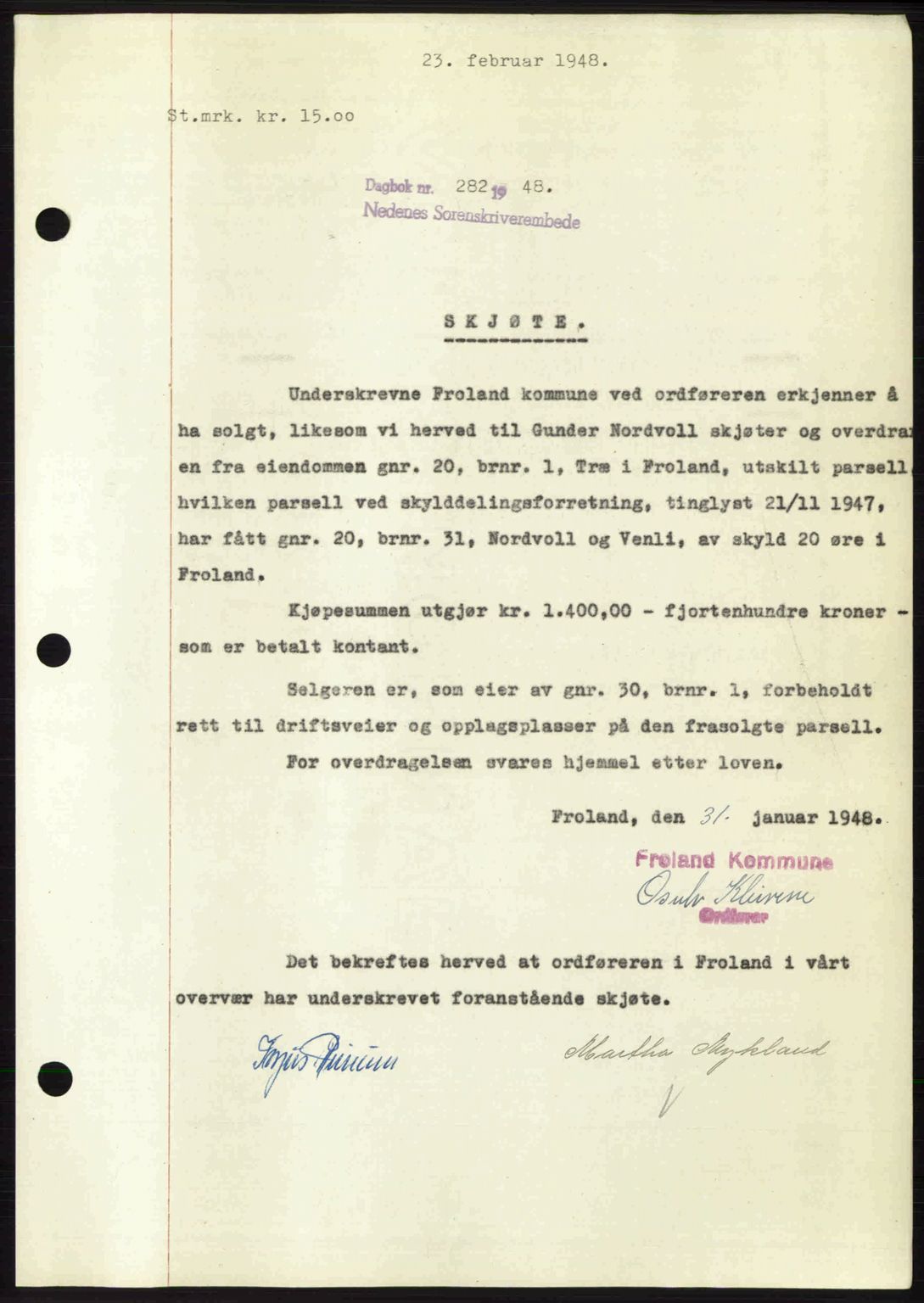 Nedenes sorenskriveri, SAK/1221-0006/G/Gb/Gba/L0058: Mortgage book no. A10, 1947-1948, Diary no: : 282/1948