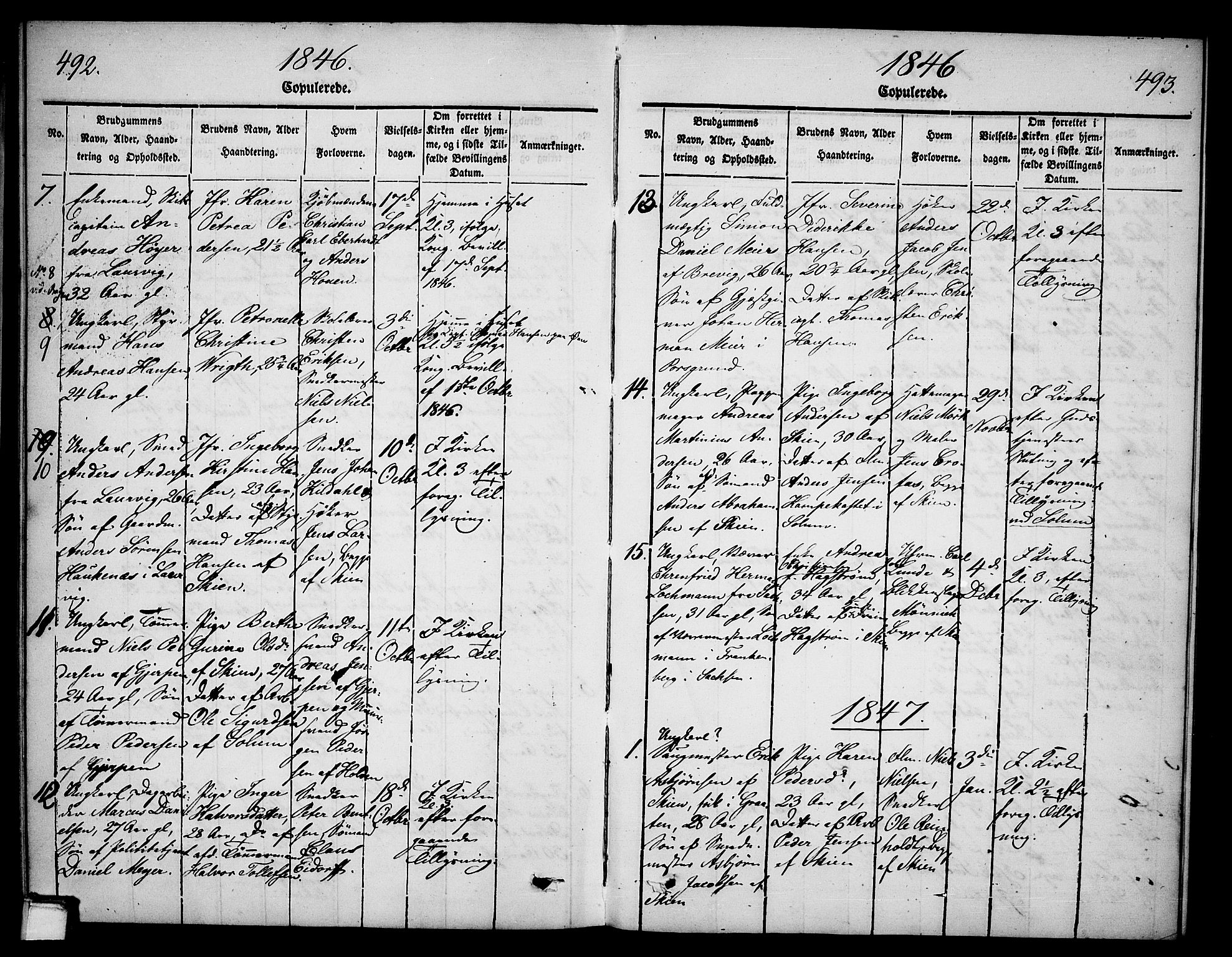 Skien kirkebøker, AV/SAKO-A-302/G/Ga/L0003: Parish register (copy) no. 3, 1843-1847, p. 492-493