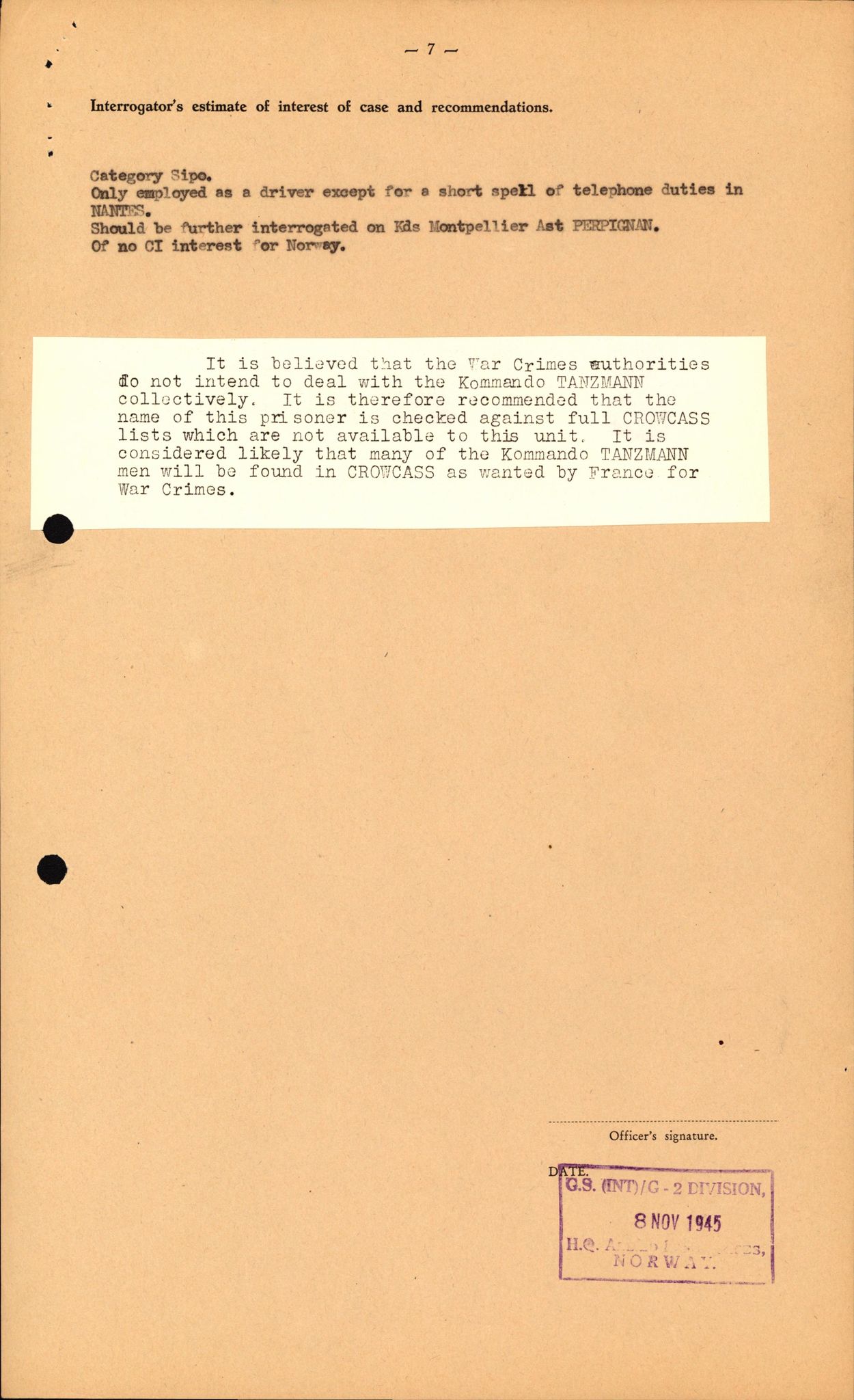 Forsvaret, Forsvarets overkommando II, AV/RA-RAFA-3915/D/Db/L0039: CI Questionaires. Tyske okkupasjonsstyrker i Norge. Østerrikere., 1945-1946, p. 467