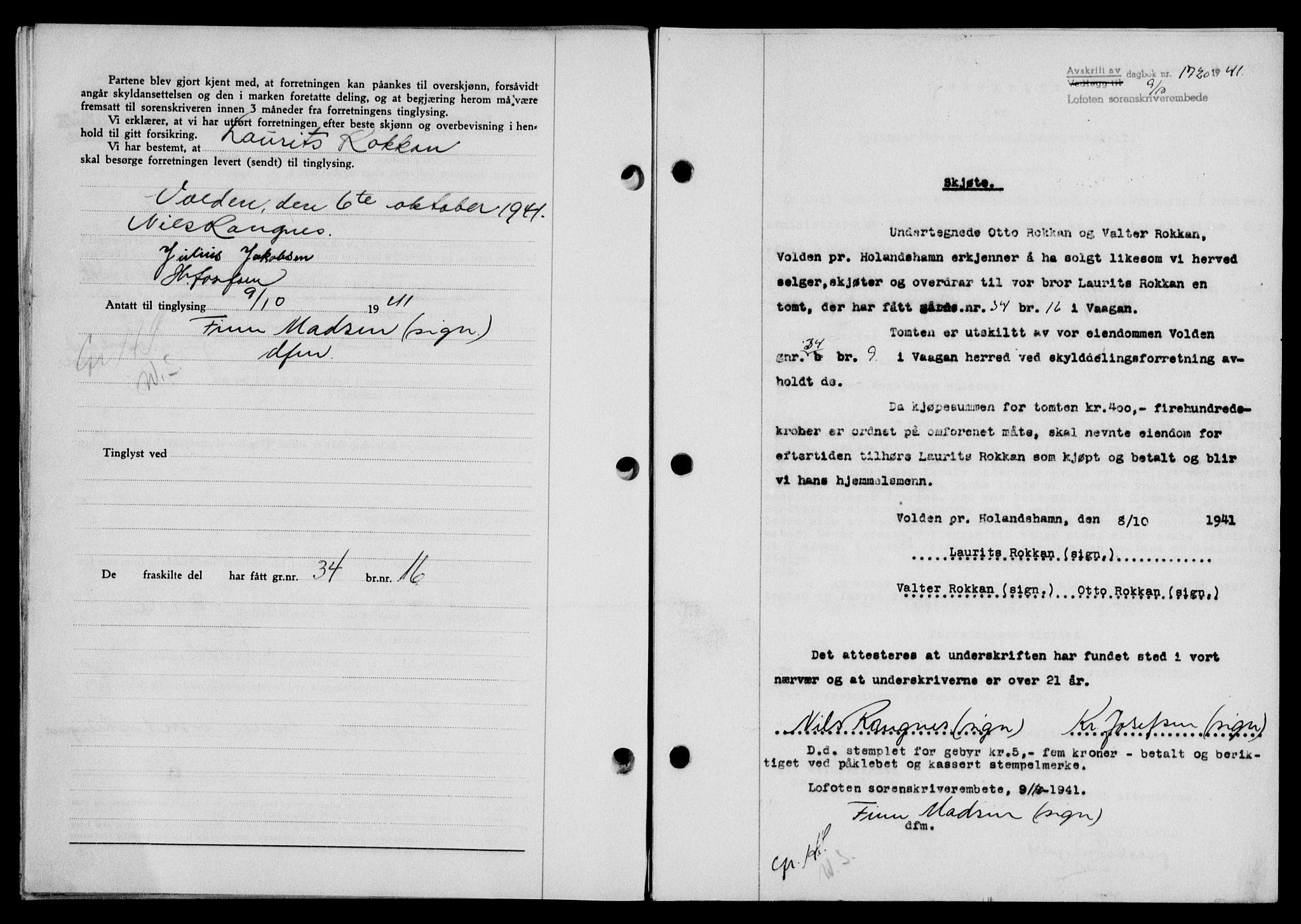 Lofoten sorenskriveri, SAT/A-0017/1/2/2C/L0009a: Mortgage book no. 9a, 1941-1942, Diary no: : 1720/1941