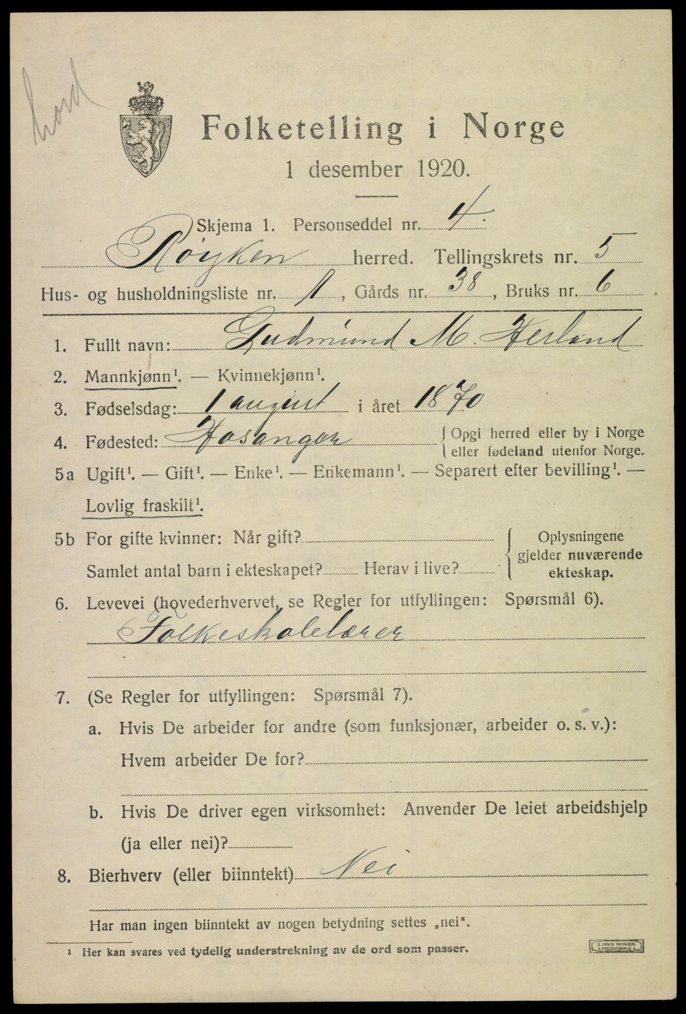 SAKO, 1920 census for Røyken, 1920, p. 6660