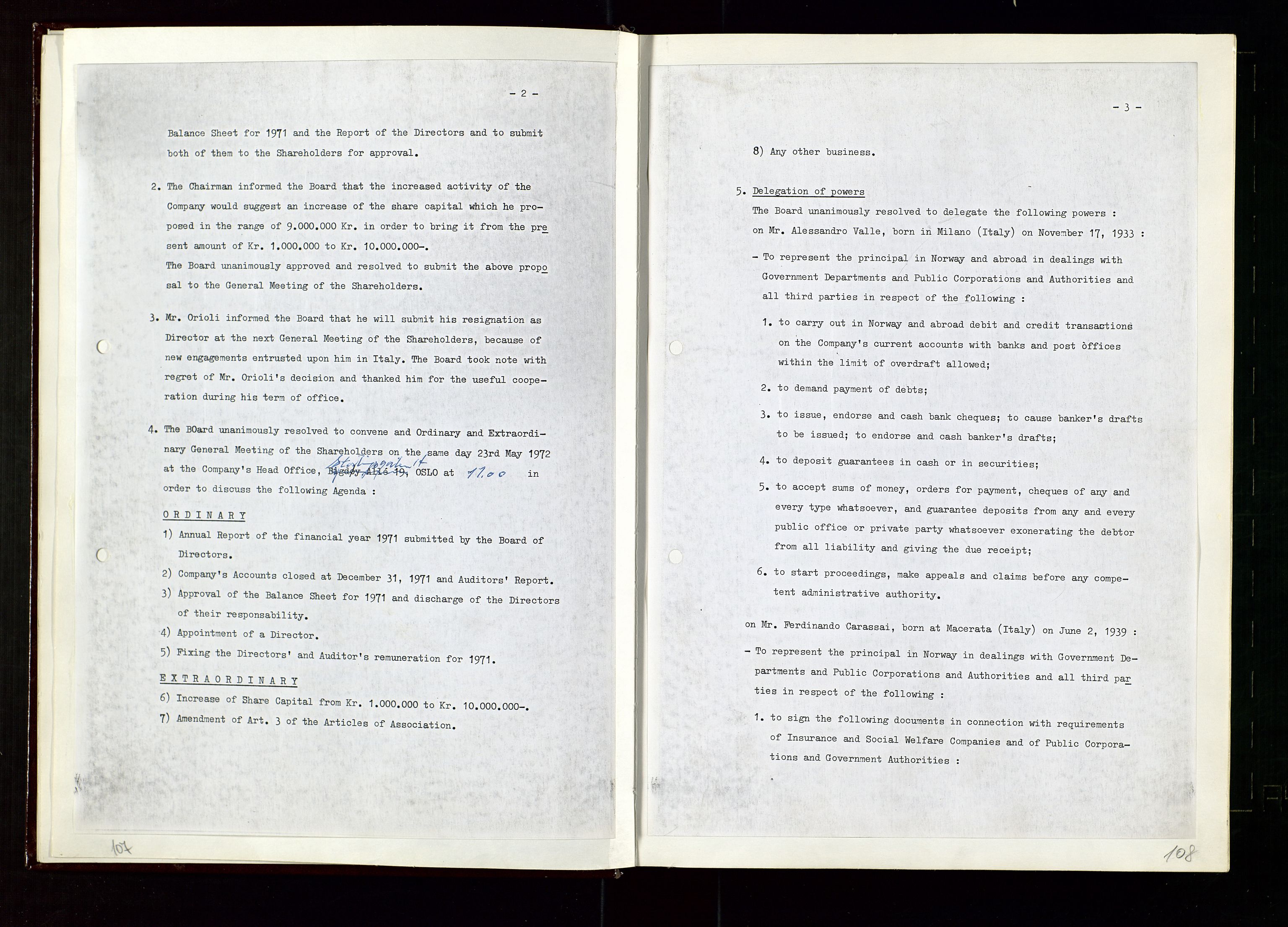 Pa 1583 - Norsk Agip AS, AV/SAST-A-102138/A/Aa/L0002: General assembly and Board of Directors meeting minutes, 1972-1979, p. 107-108