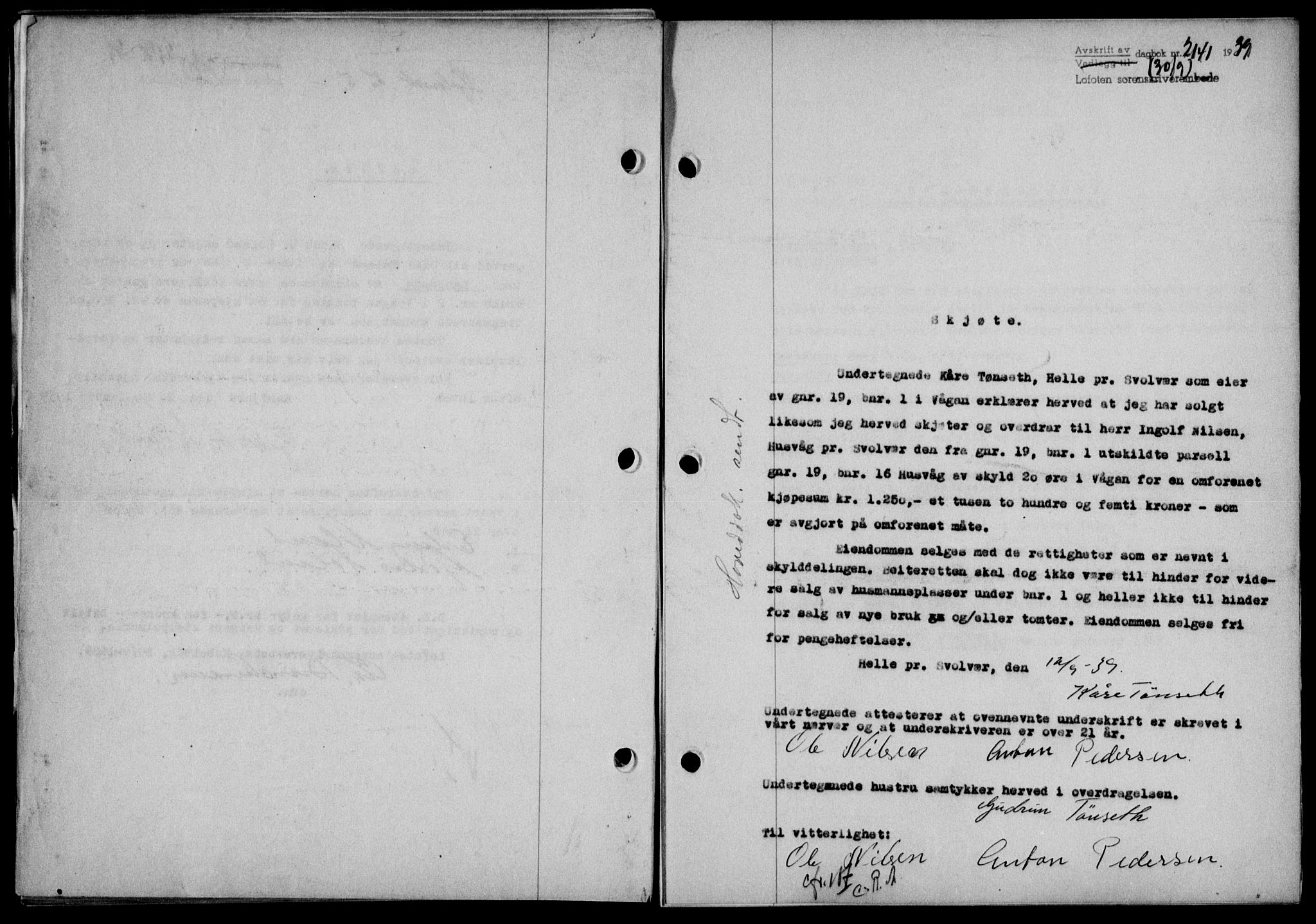 Lofoten sorenskriveri, SAT/A-0017/1/2/2C/L0006a: Mortgage book no. 6a, 1939-1939, Diary no: : 2141/1939