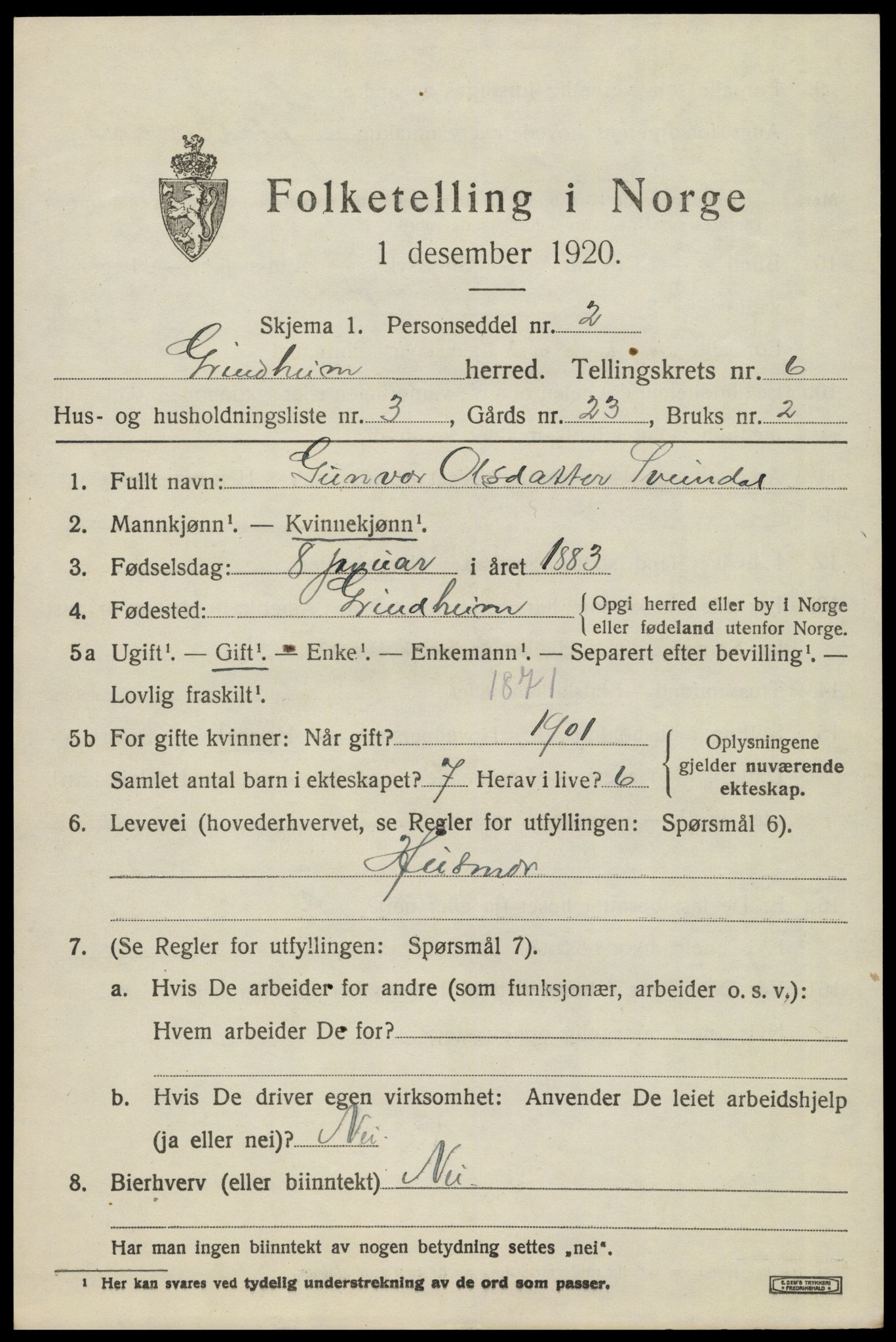 SAK, 1920 census for Grindheim, 1920, p. 1881