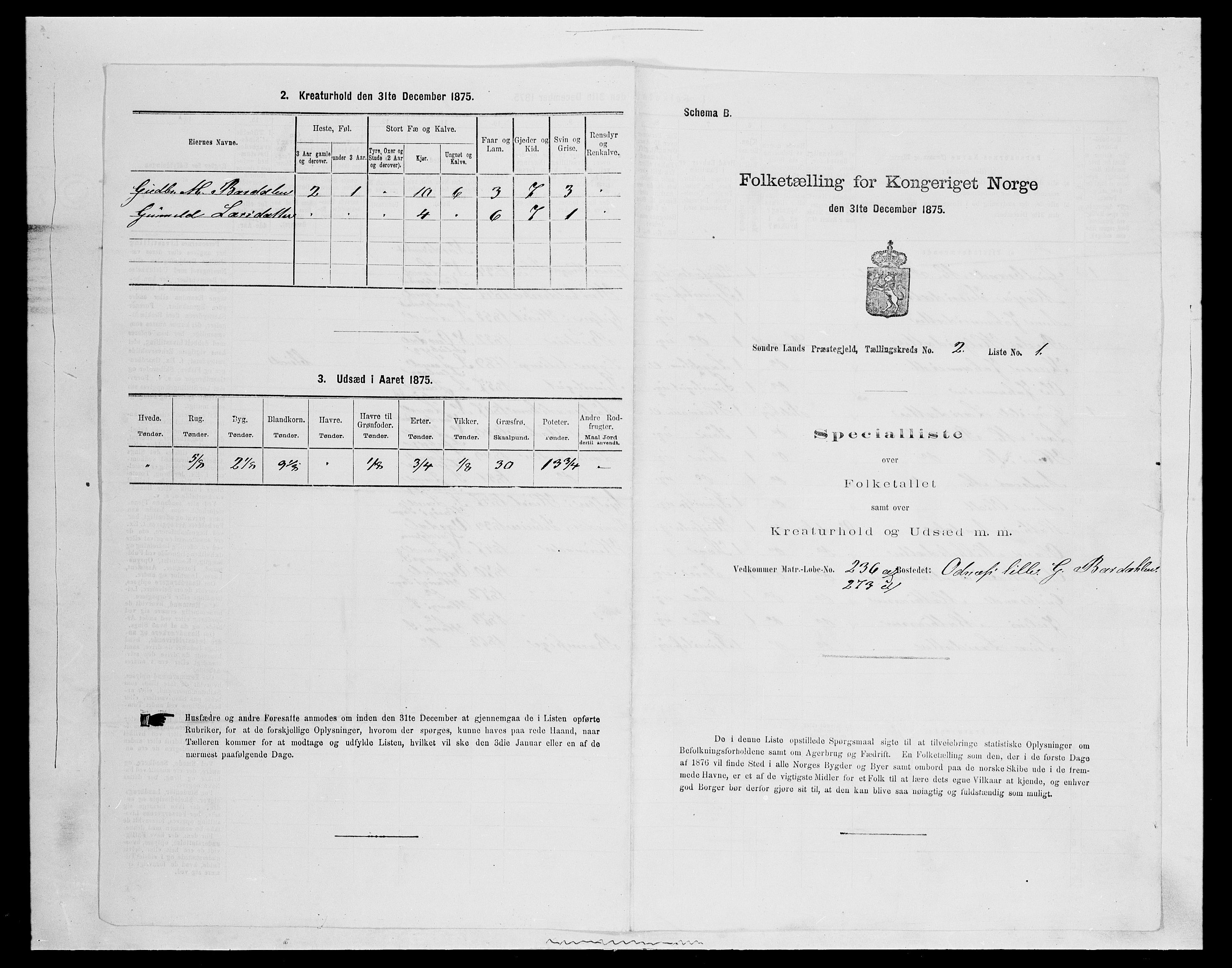 SAH, 1875 census for 0536P Søndre Land, 1875, p. 251