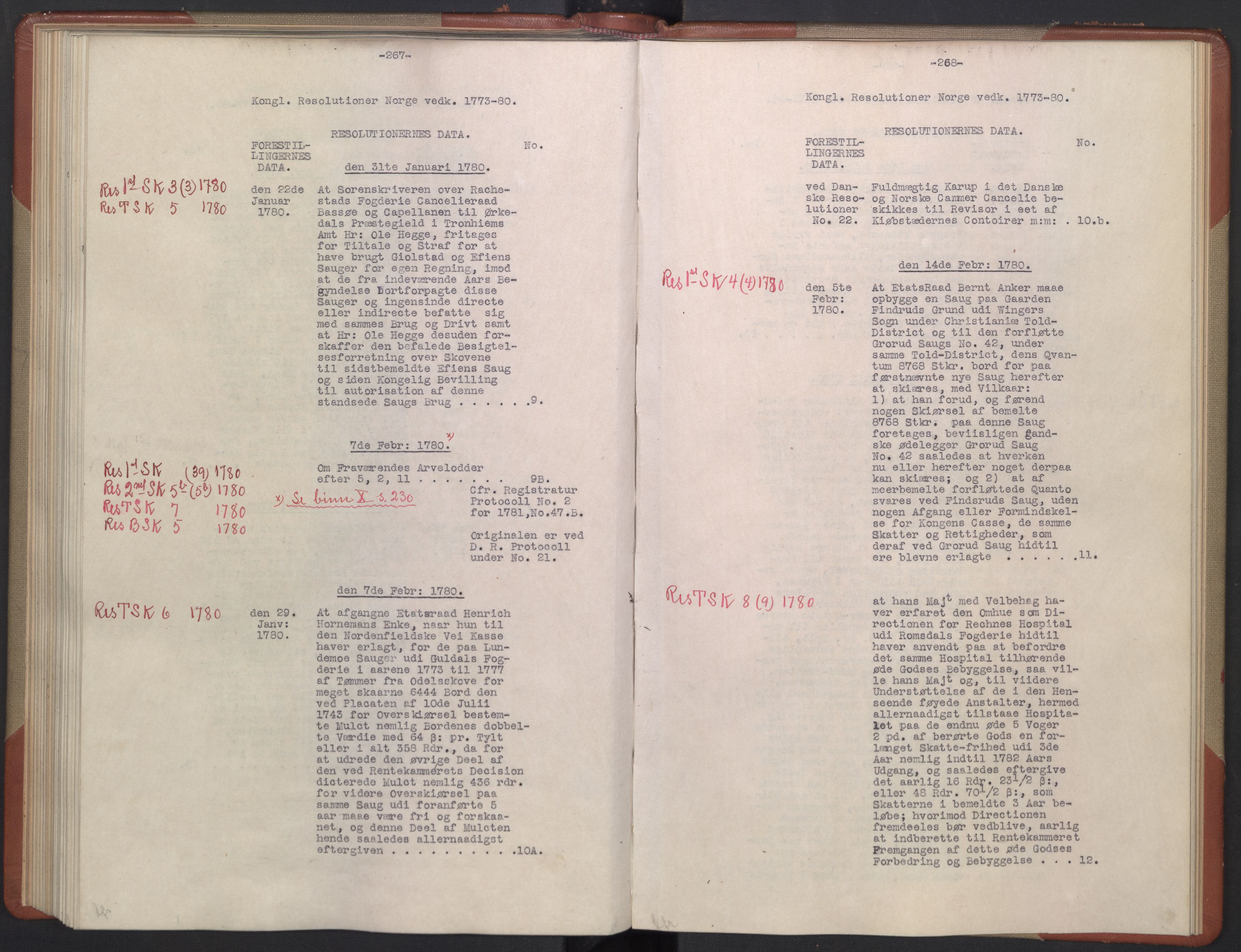 Avskriftsamlingen, AV/RA-EA-4022/F/Fb/L0122: Registratur over norske Relasjons- og resolusjonsprotokoller, 1773-1780, p. 92