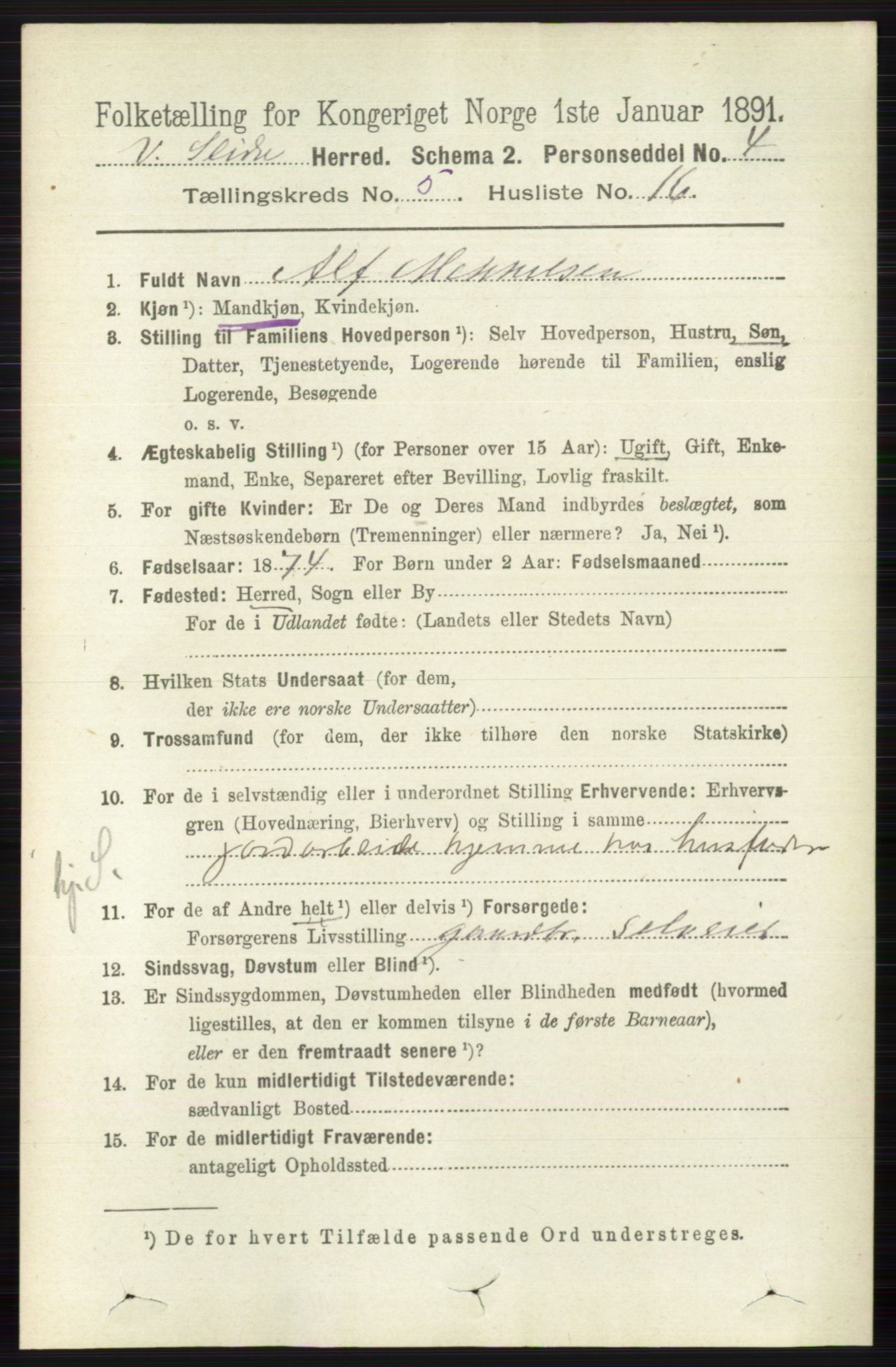 RA, 1891 census for 0543 Vestre Slidre, 1891, p. 1830