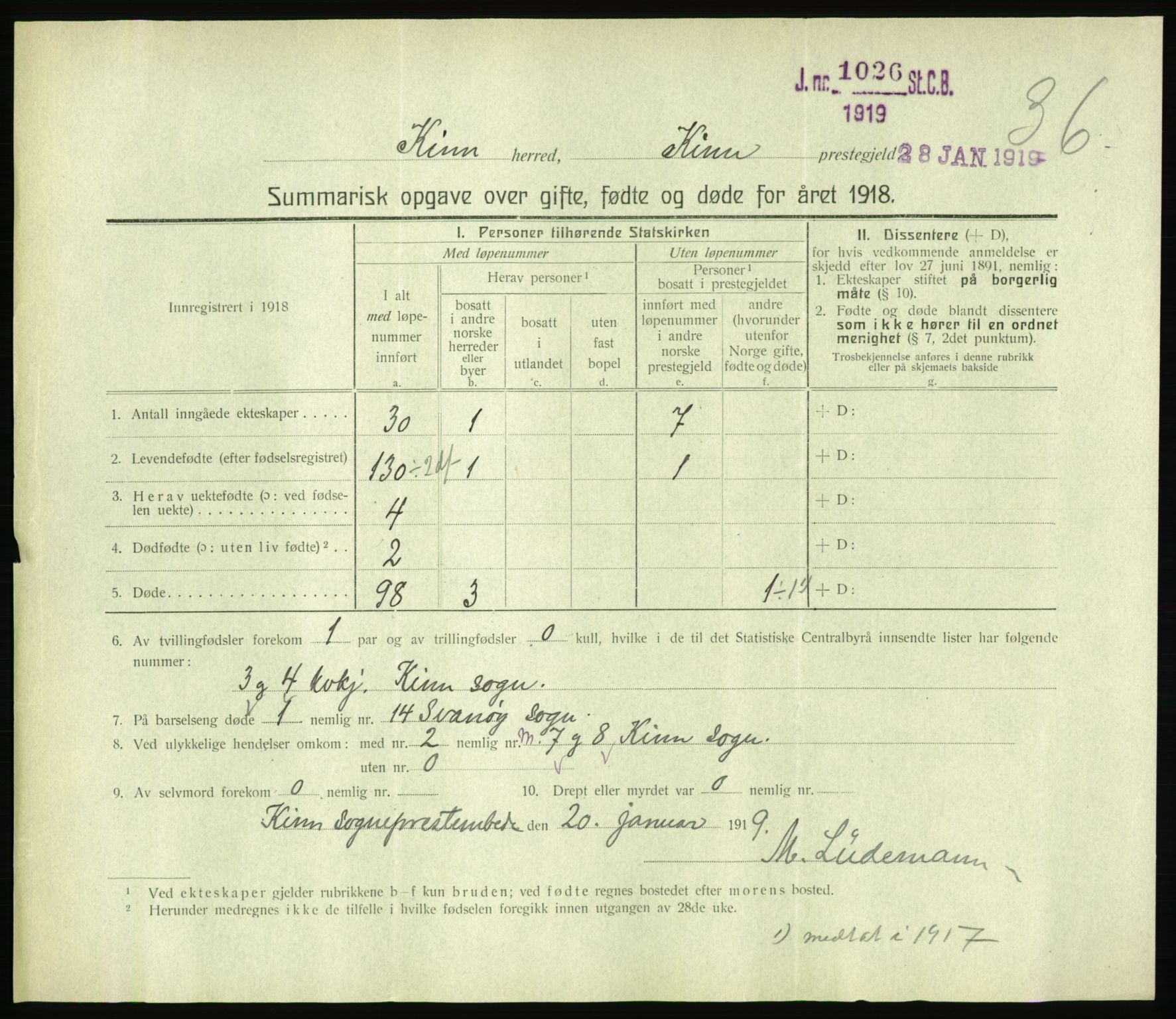 Statistisk sentralbyrå, Sosiodemografiske emner, Befolkning, RA/S-2228/D/Df/Dfb/Dfbh/L0059: Summariske oppgaver over gifte, fødte og døde for hele landet., 1918, p. 1079