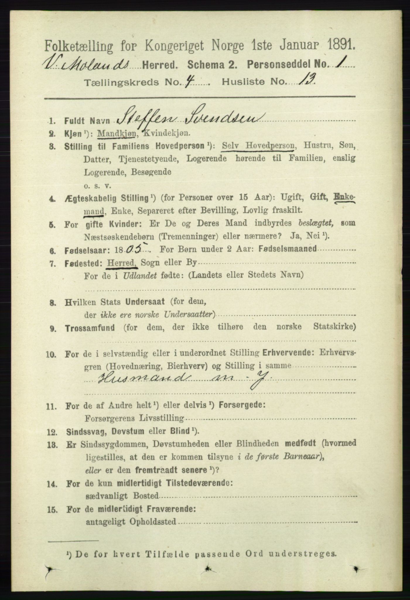 RA, 1891 census for 0926 Vestre Moland, 1891, p. 1309