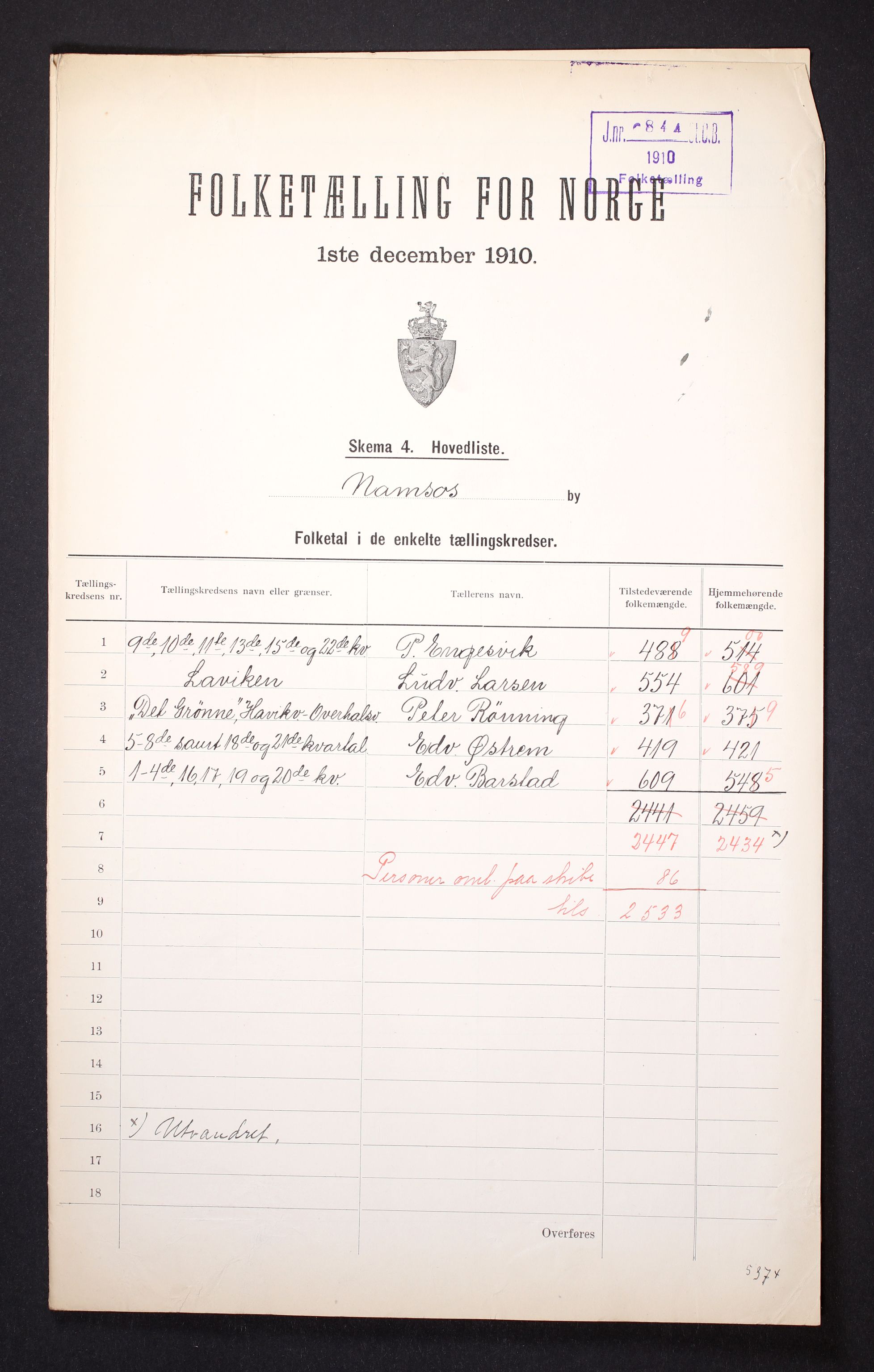 RA, 1910 census for Namsos, 1910, p. 2