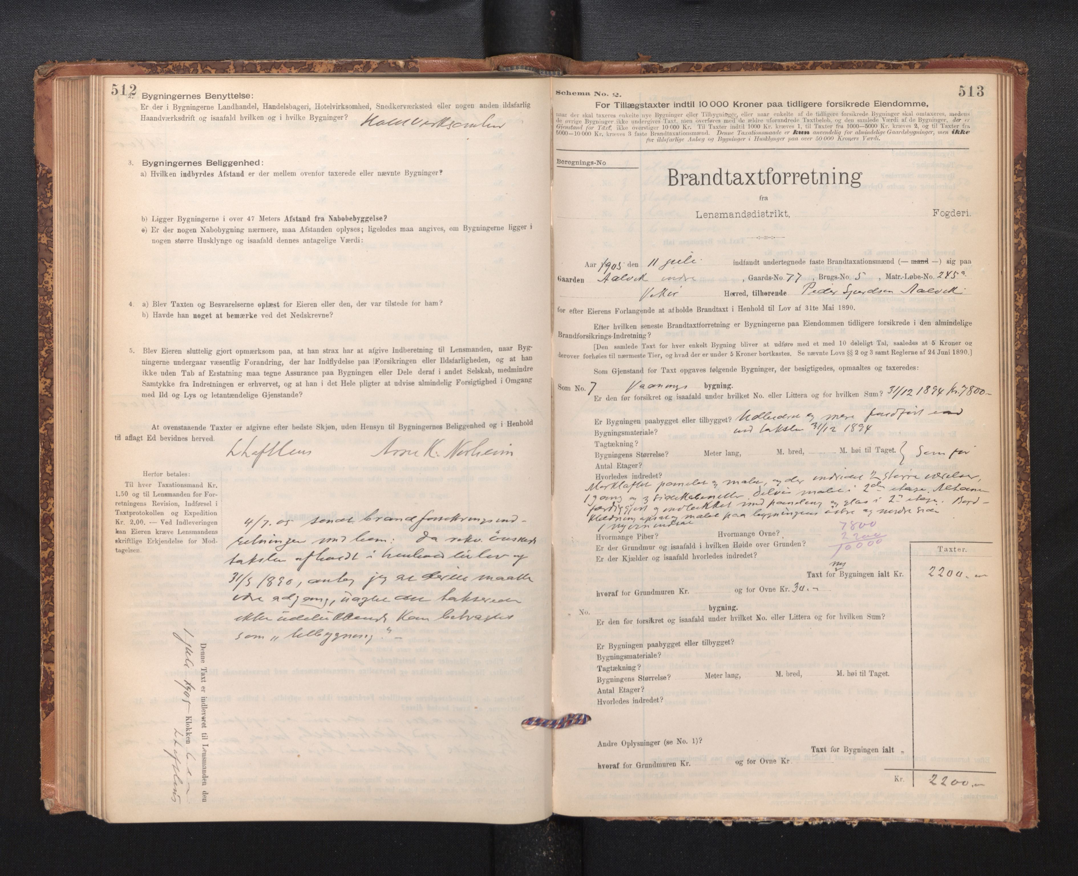 Lensmannen i Kvam, SAB/A-33201/0012/L0005: Branntakstprotokoll, skjematakst, 1894-1913, p. 512-513