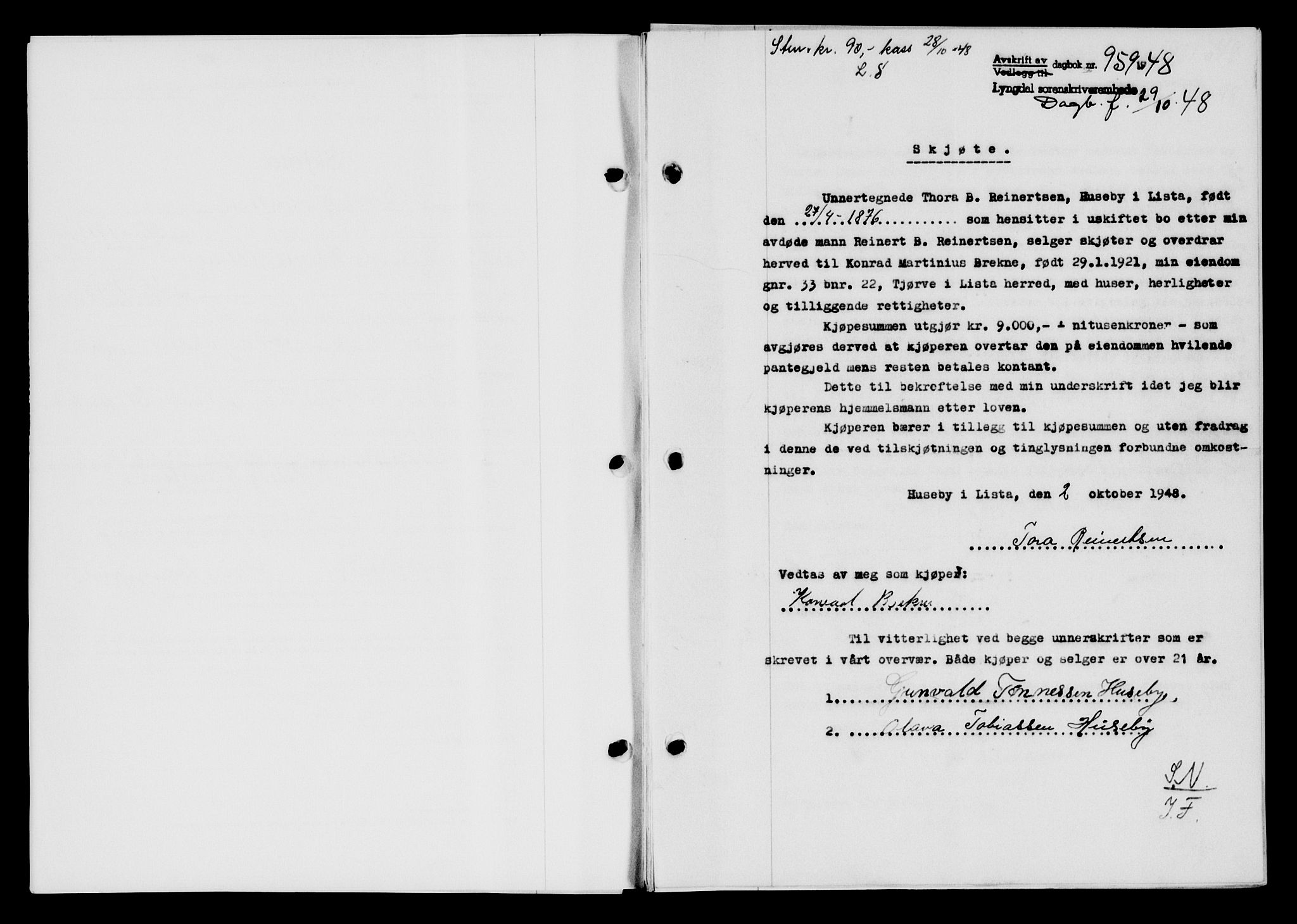 Lyngdal sorenskriveri, AV/SAK-1221-0004/G/Gb/L0663: Mortgage book no. A IX, 1948-1949, Diary no: : 959/1948