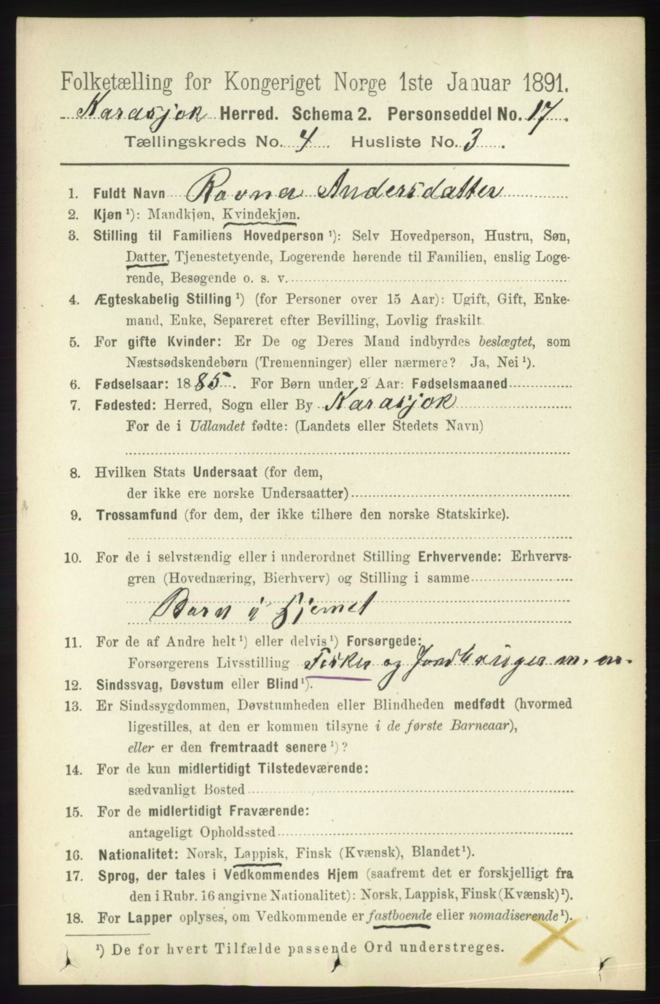 RA, 1891 census for 2021 Karasjok, 1891, p. 722