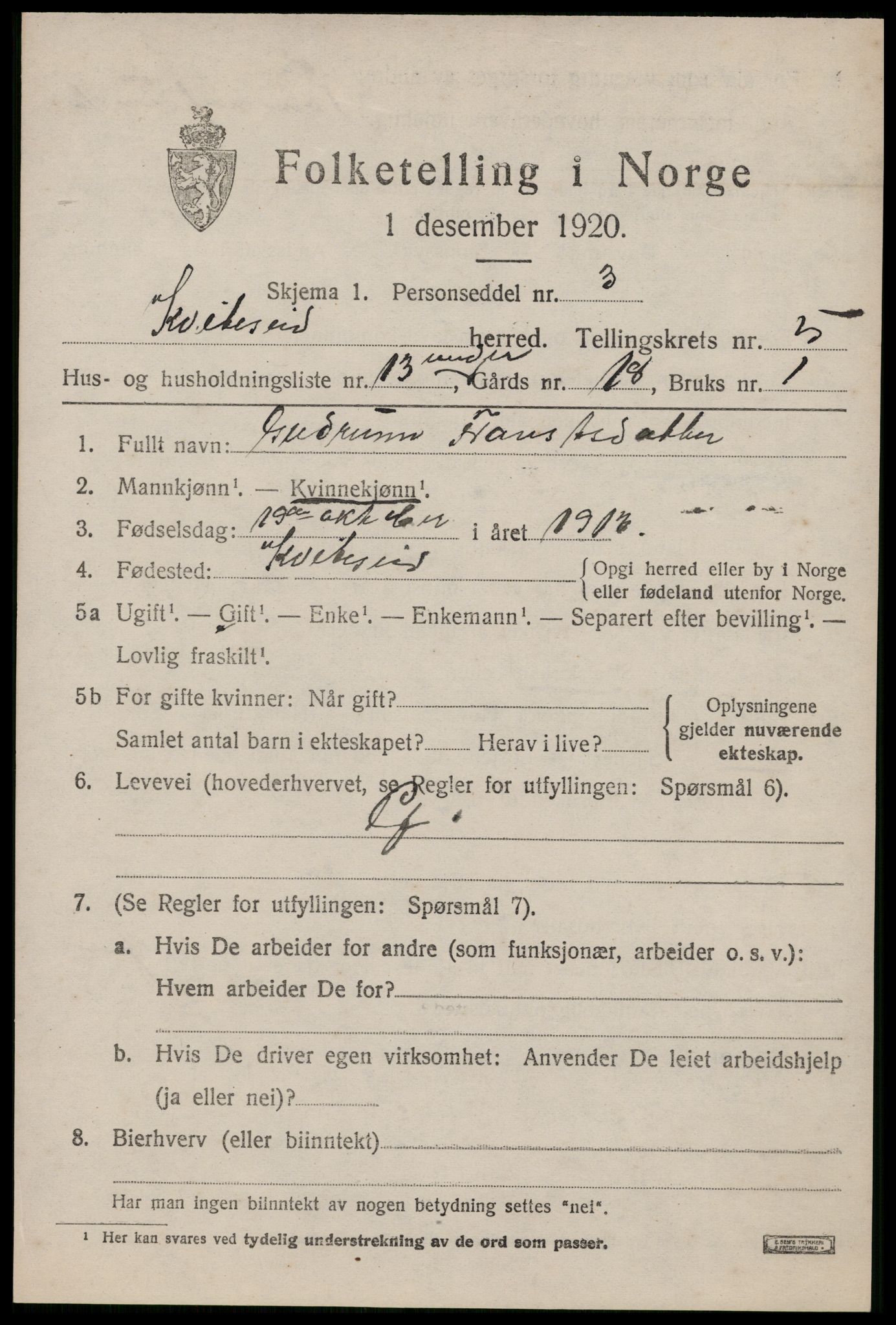 SAKO, 1920 census for Kviteseid, 1920, p. 2971