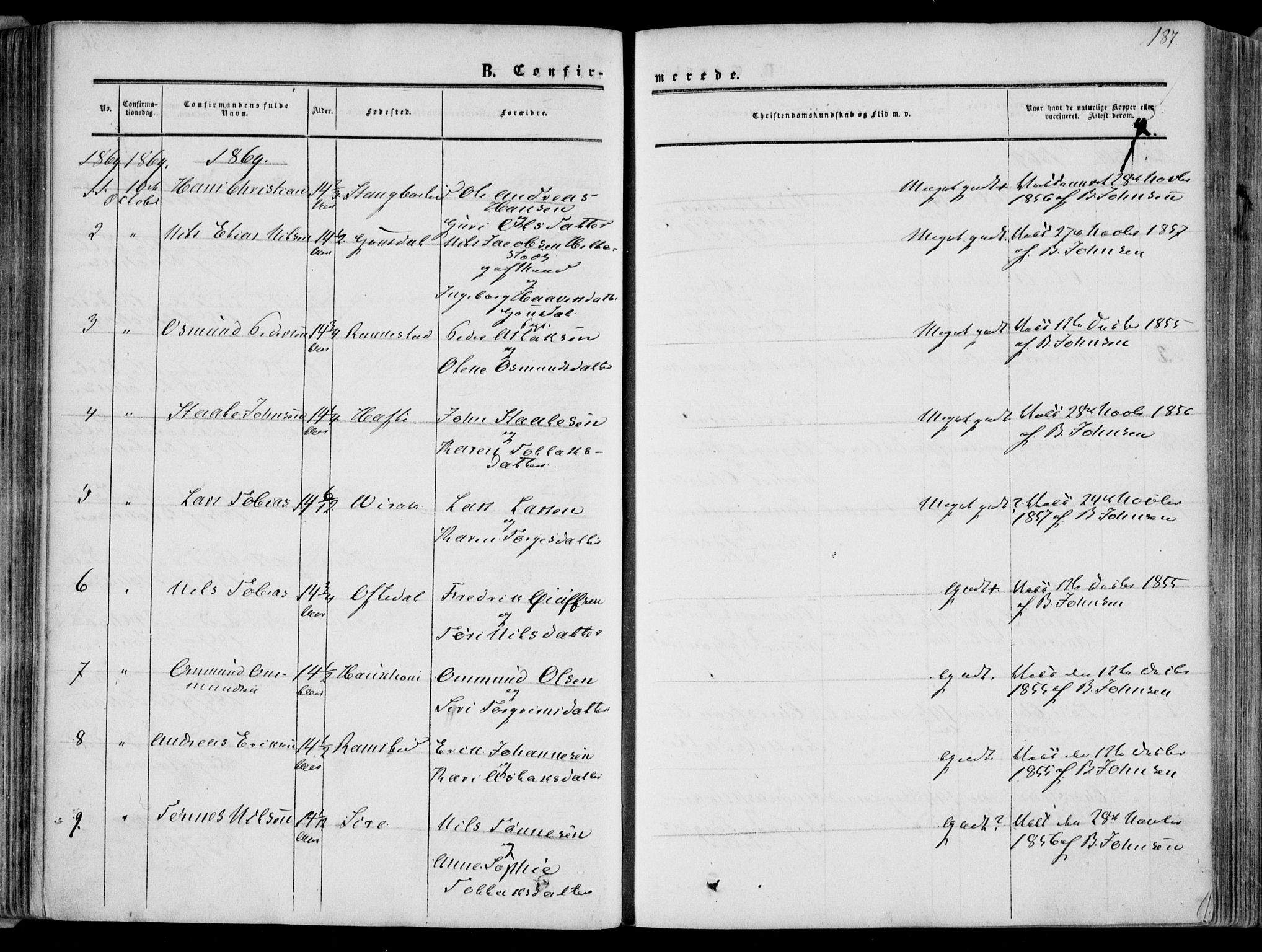 Bakke sokneprestkontor, SAK/1111-0002/F/Fa/Faa/L0006: Parish register (official) no. A 6, 1855-1877, p. 187
