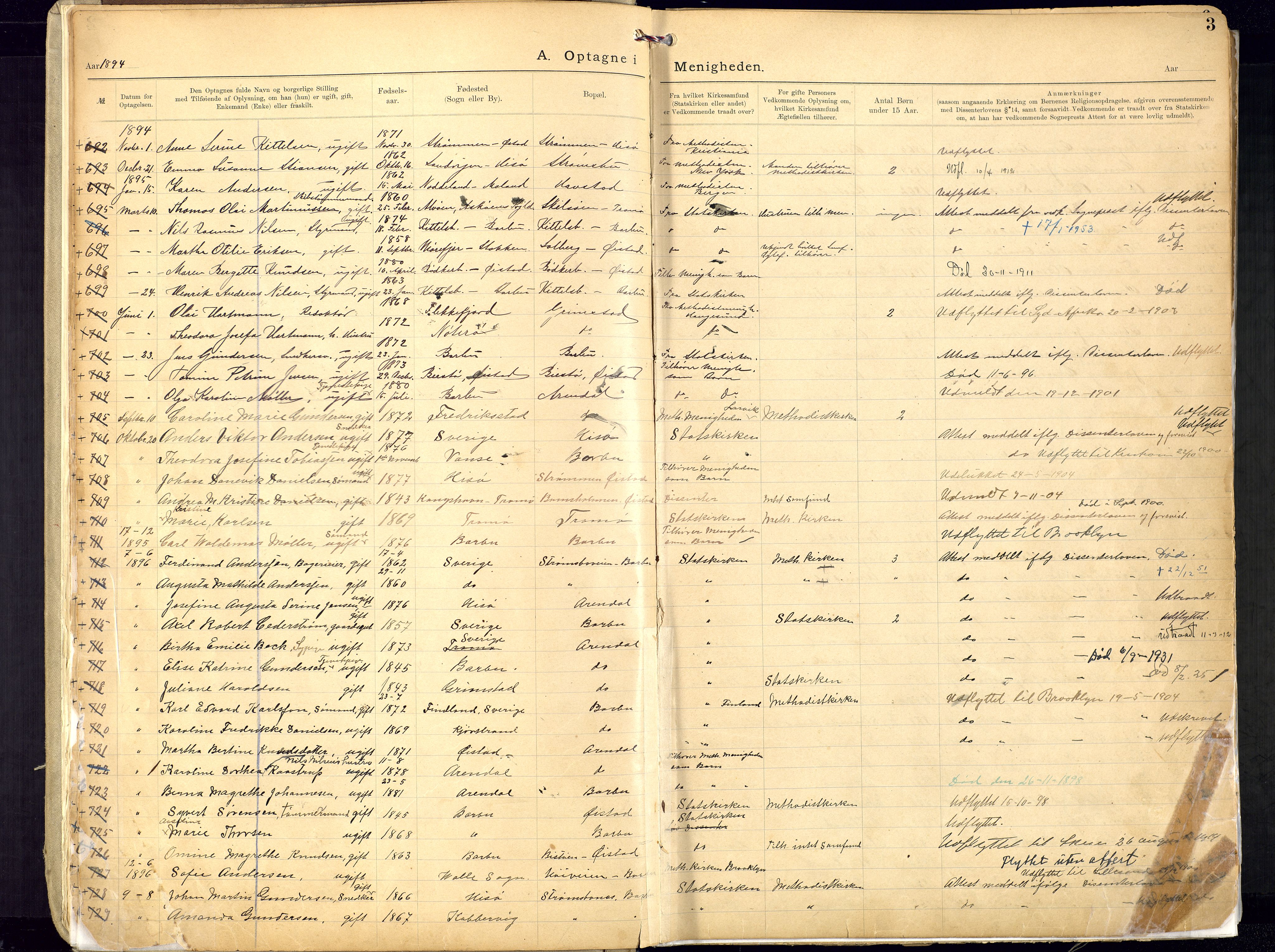 Metodistmenigheten, Arendal, SAK/1292-0011/F/Fa/L0005: Dissenter register no. 5, 1892-1942, p. 3