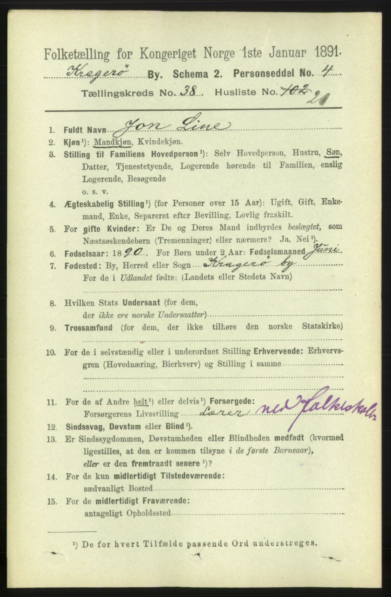 RA, 1891 census for 0801 Kragerø, 1891, p. 7274