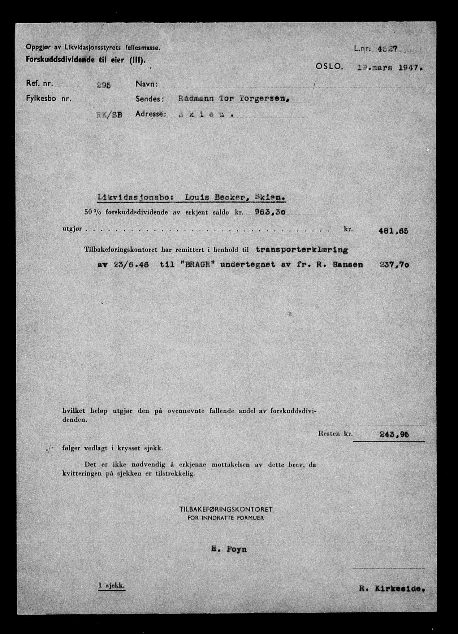 Justisdepartementet, Tilbakeføringskontoret for inndratte formuer, AV/RA-S-1564/H/Hc/Hcd/L0990: --, 1945-1947, p. 479
