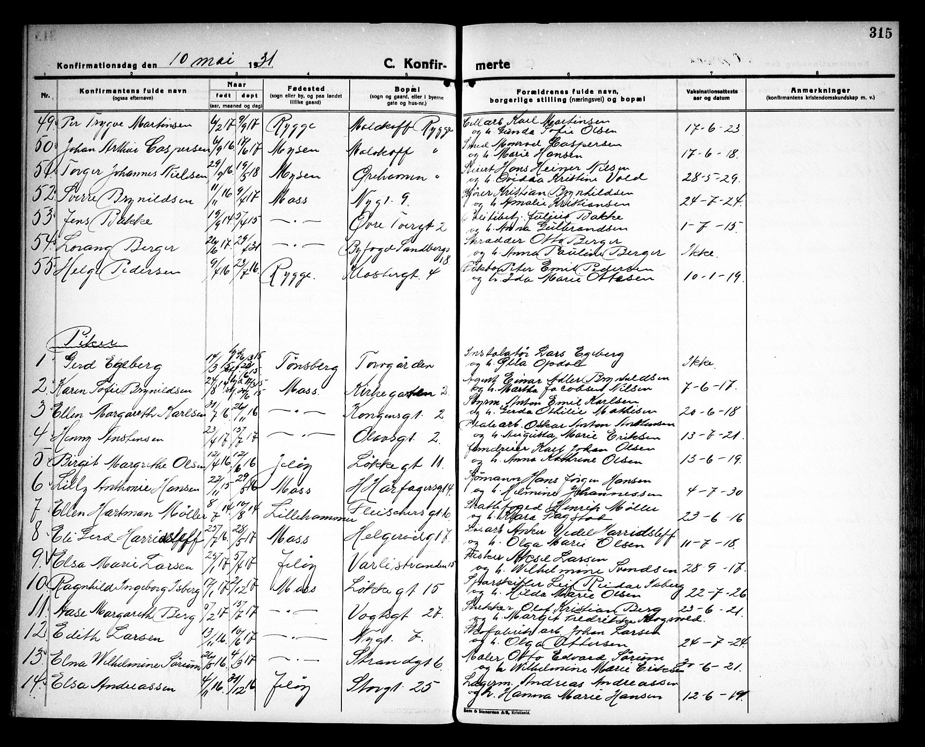 Moss prestekontor Kirkebøker, AV/SAO-A-2003/G/Ga/L0009: Parish register (copy) no. I 9, 1924-1937, p. 315