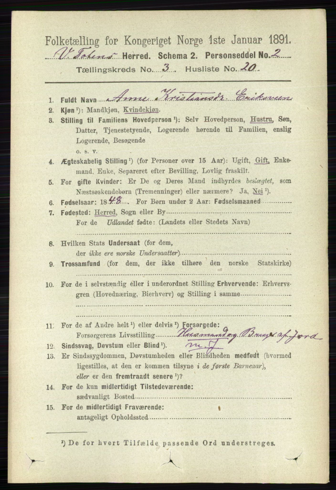 RA, 1891 census for 0529 Vestre Toten, 1891, p. 2091