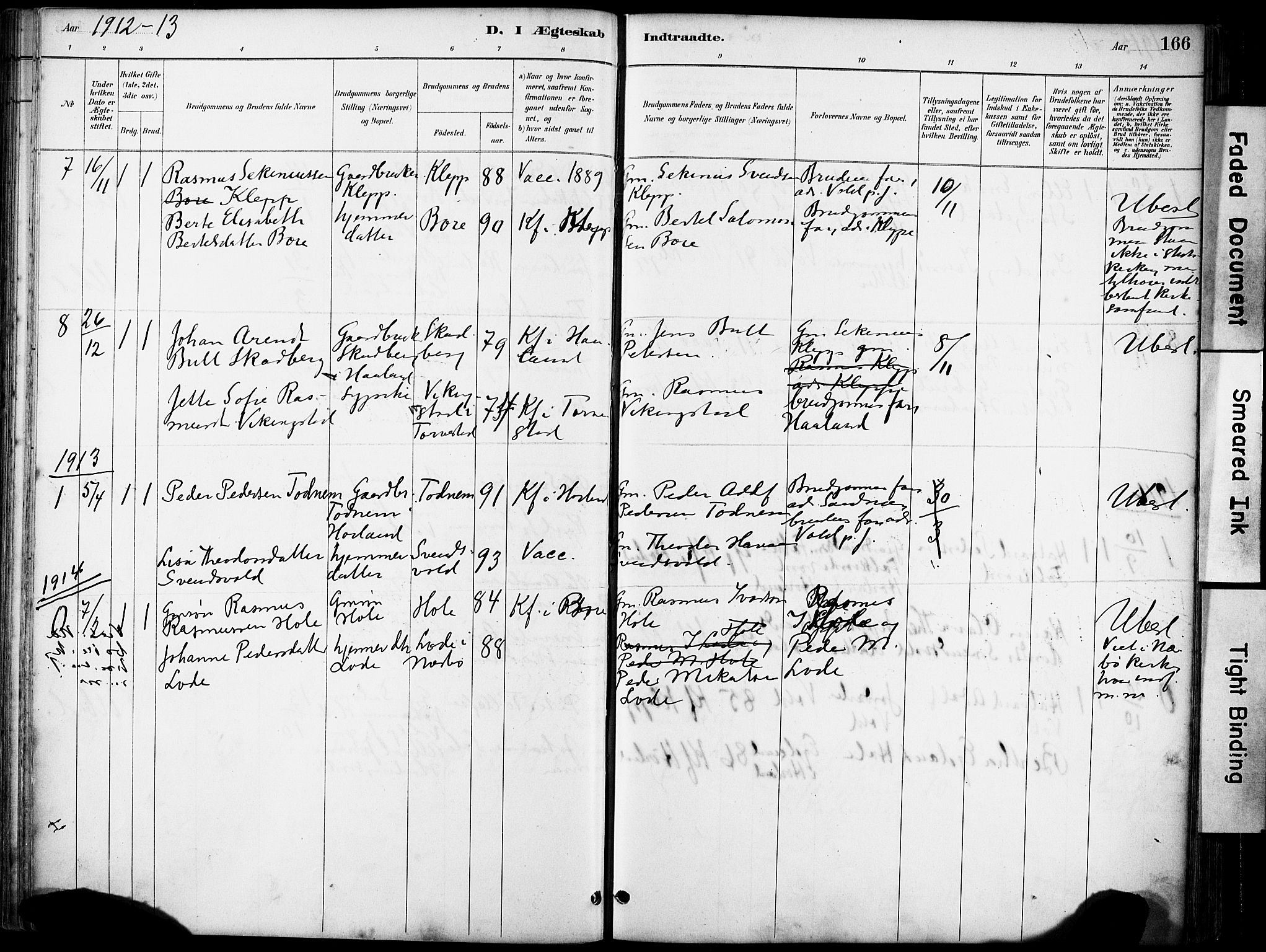 Klepp sokneprestkontor, SAST/A-101803/001/3/30BA/L0008: Parish register (official) no. A 9, 1886-1919, p. 166