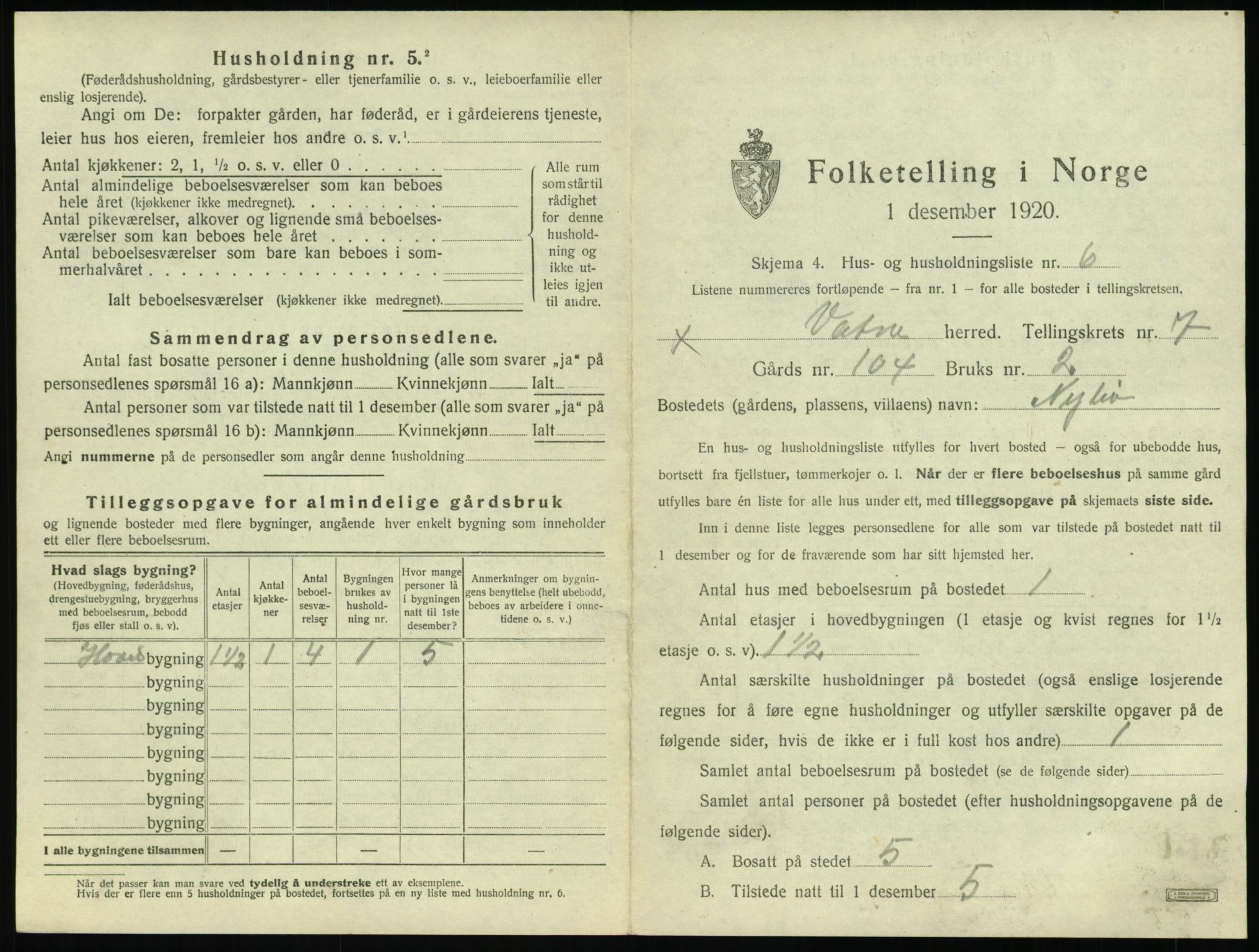 SAT, 1920 census for Vatne, 1920, p. 434